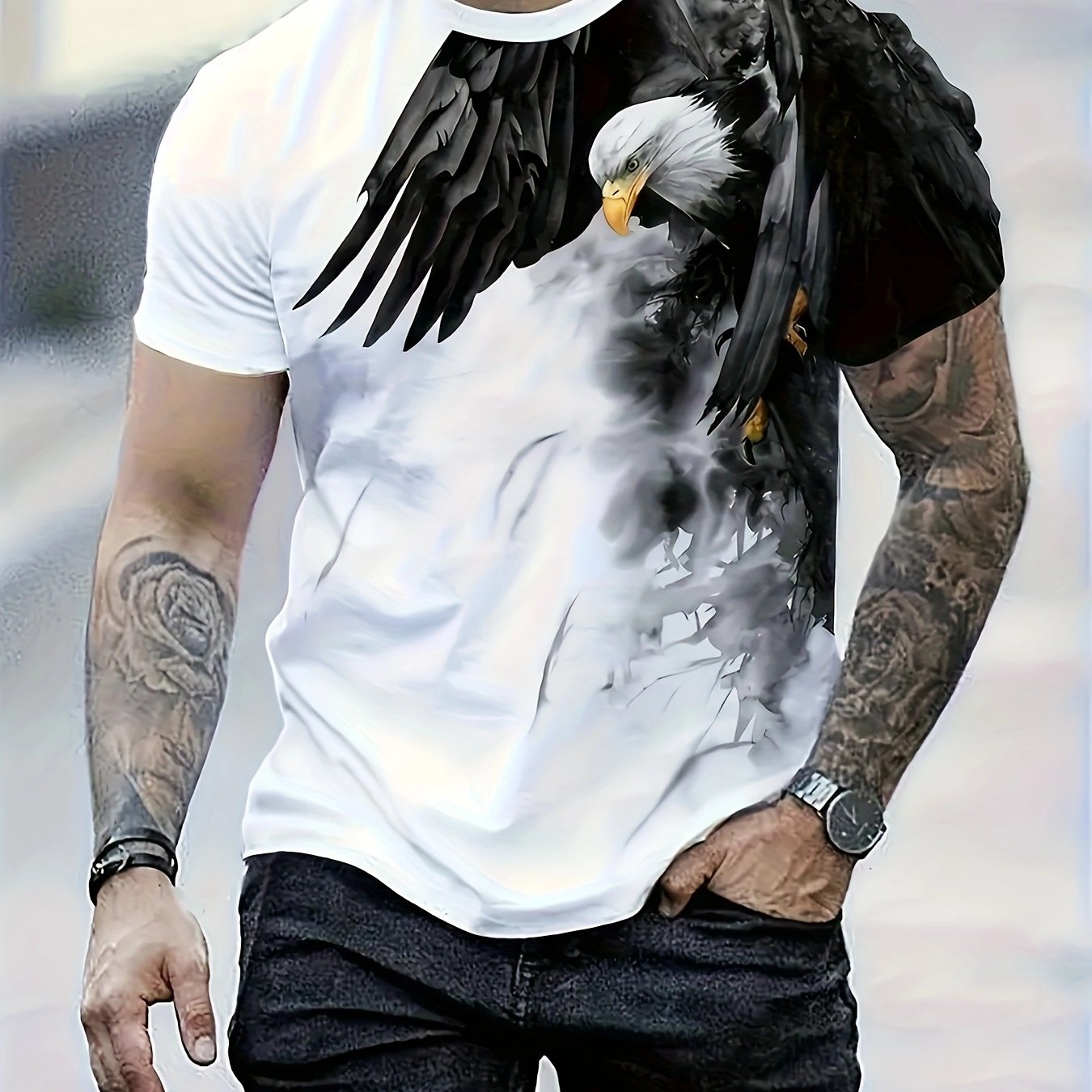 Men's Ink Painting Eagle Print Short Sleeve Crew Neck T-shirt, Casual Stylish Tee As Gift