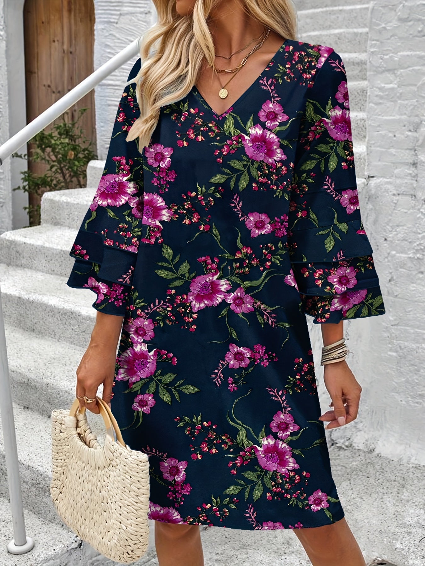 Floral Print V-neck Dress, Vacation Style Layered Ruffle Bell Sleeve Mini Dress For Spring & Summer, Women's Clothing