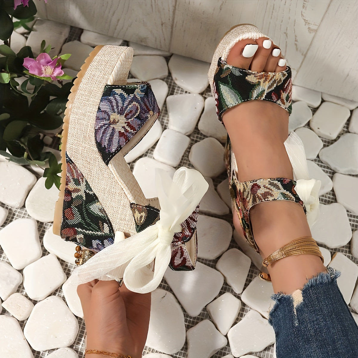 Vibrant Floral Print Wedge Sandals - Chic Peep-Toe Design, Adjustable Bow Ankle Strap with Slingback Closure, Sturdy Platform Heel - Perfect for Womens Casual Outings, Versatile and Easy to Match with Various Outfits, Ideal for Outdoor Events or Social G