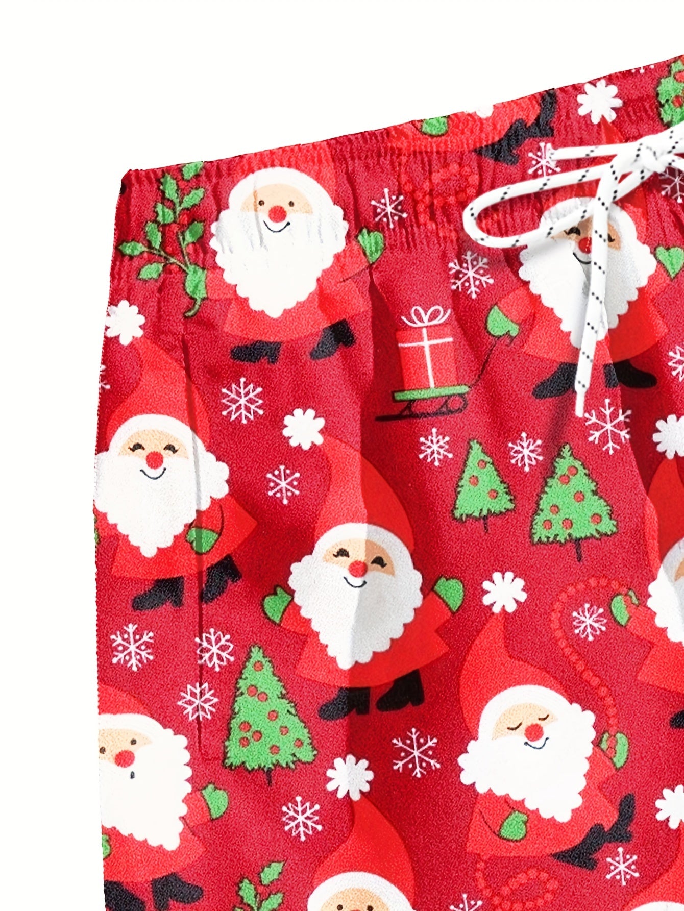 Men's Christmas Themed Santa And Tree Print Board Shorts With Drawstring, Casual Versatile Shorts For Summer Novelty Leisurewear