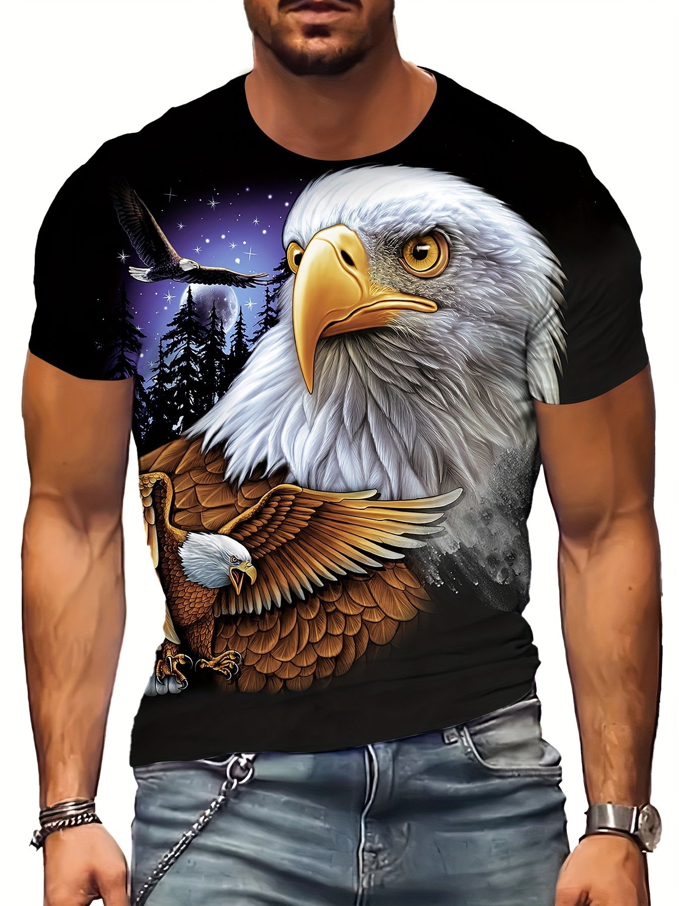 Eagle Print T-shirt, Men's Casual Street Style Stretch Round Neck Tee Shirt For Summer