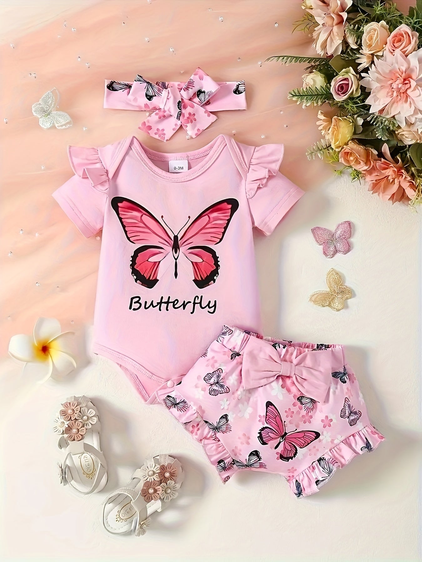 2pcs Baby's Bowknot Decor Butterfly Print Shorts & Hairband & Ruffled Bodysuit Set, Toddler & Infant Girl's Clothes For Summer Daily Wear, Outdoor Cloth