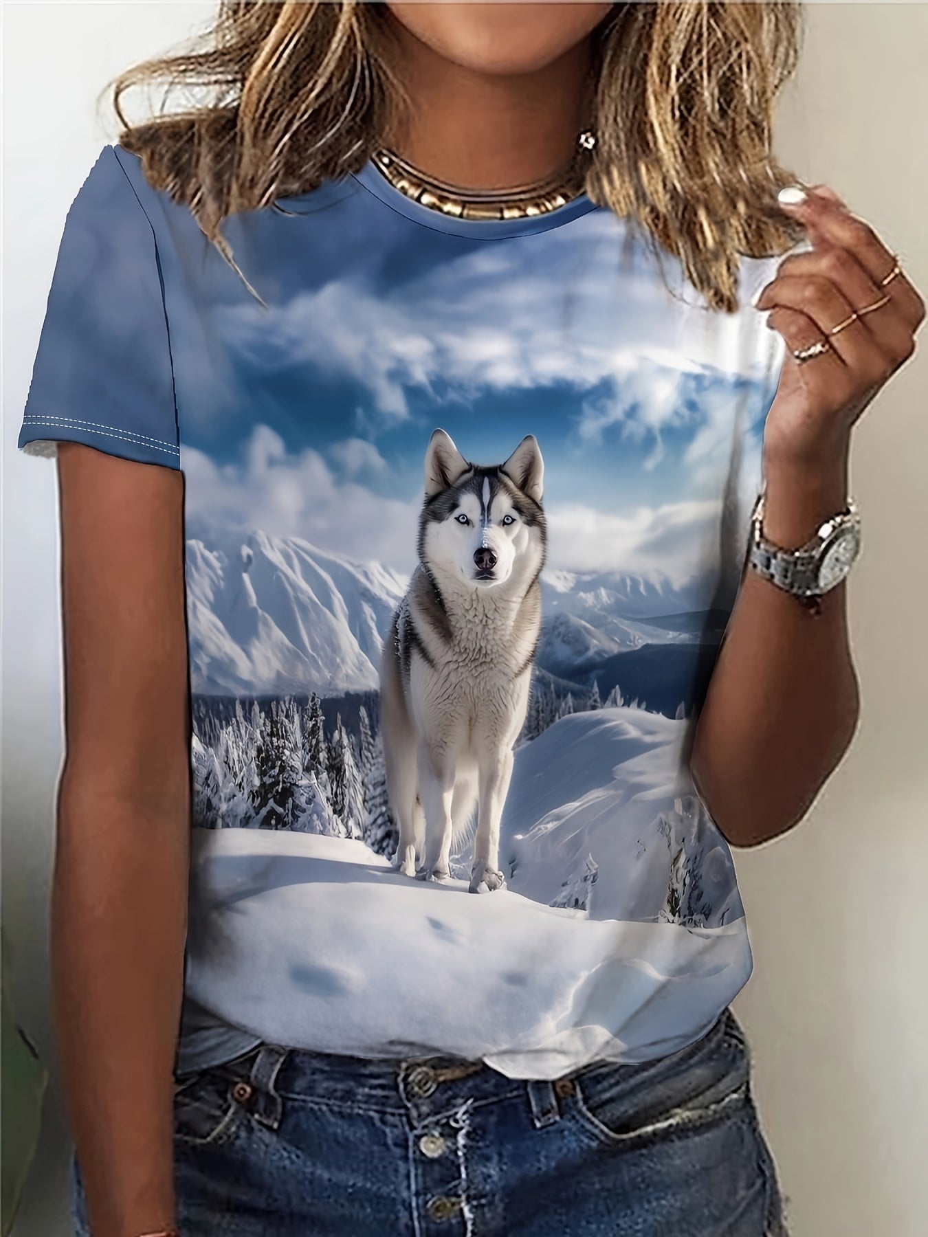 Dog Print Crew Neck T-Shirt, Casual Short Sleeve Top for Spring & Summer, Women's Clothing