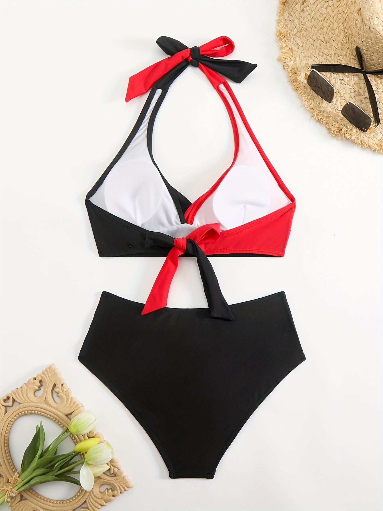 Two-piece Bikini Swimsuit for Women, Solid Color Sexy Patchwork Multi-Color Sexy Bikini with Neck Strap