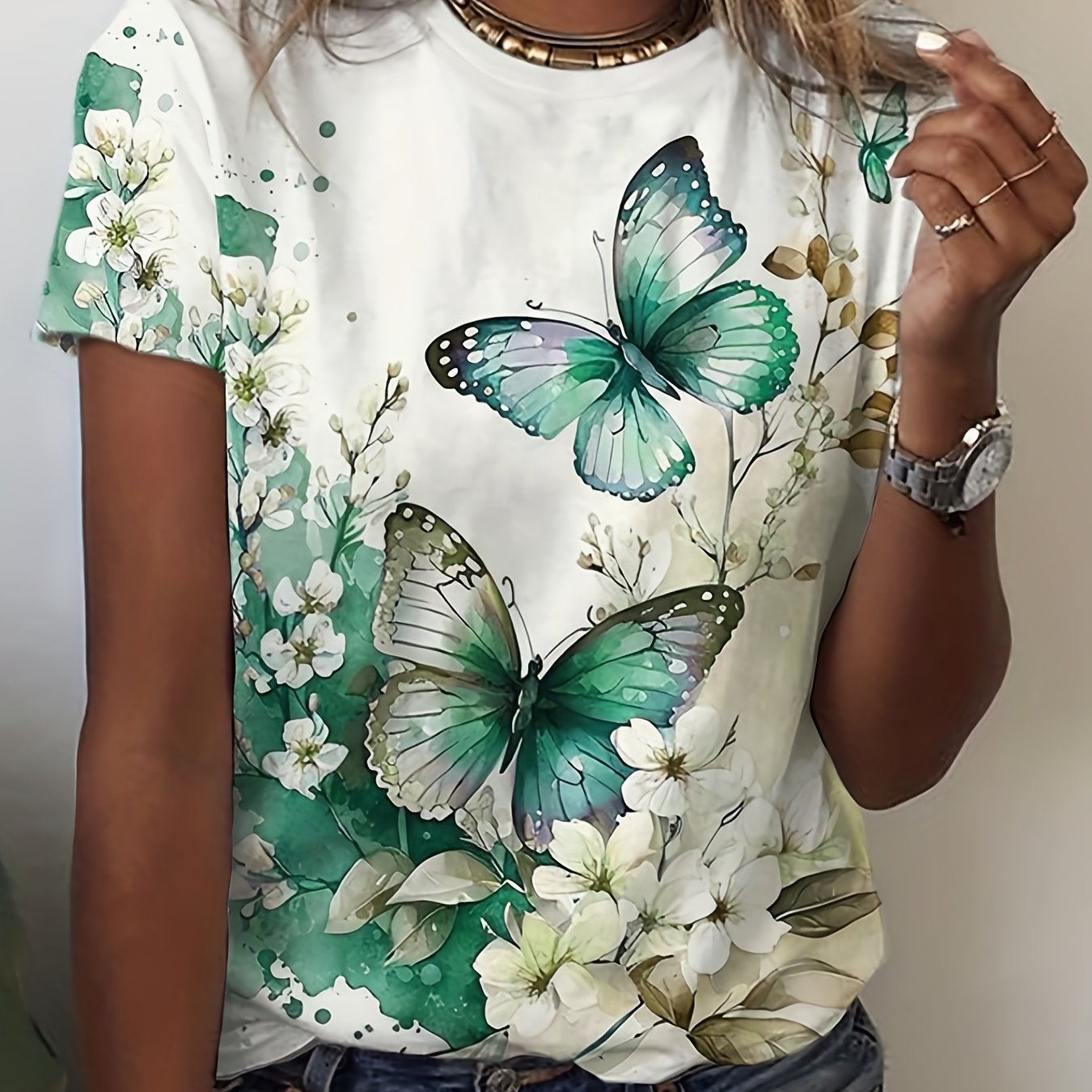 Butterfly & Flower Print Relaxed Fit Crew Neck Short Sleeve T-Shirt - Soft Medium Stretch Polyester Fabric, Casual Summer Top with Positioning Printing - Womens Regular Length Clothing for Spring & Summer