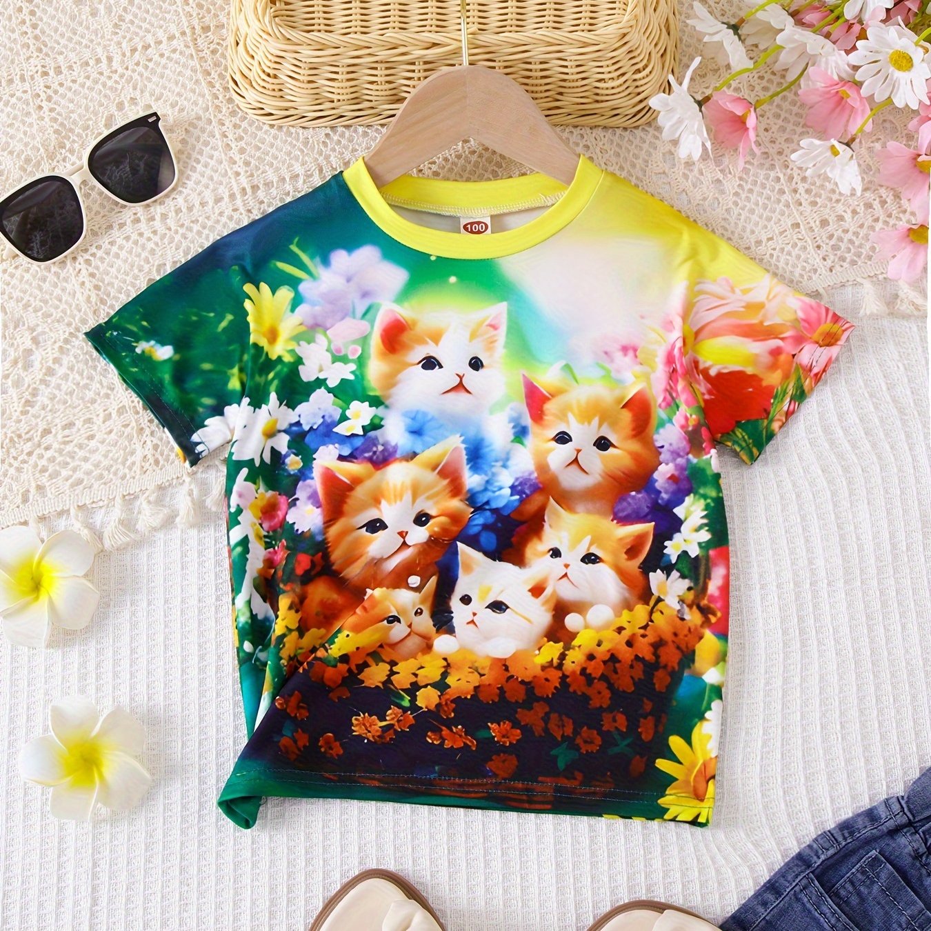 Cute 3D Kitties & Flower Print Short Sleeve T-shirt, Versatile Tees Summer Clothes