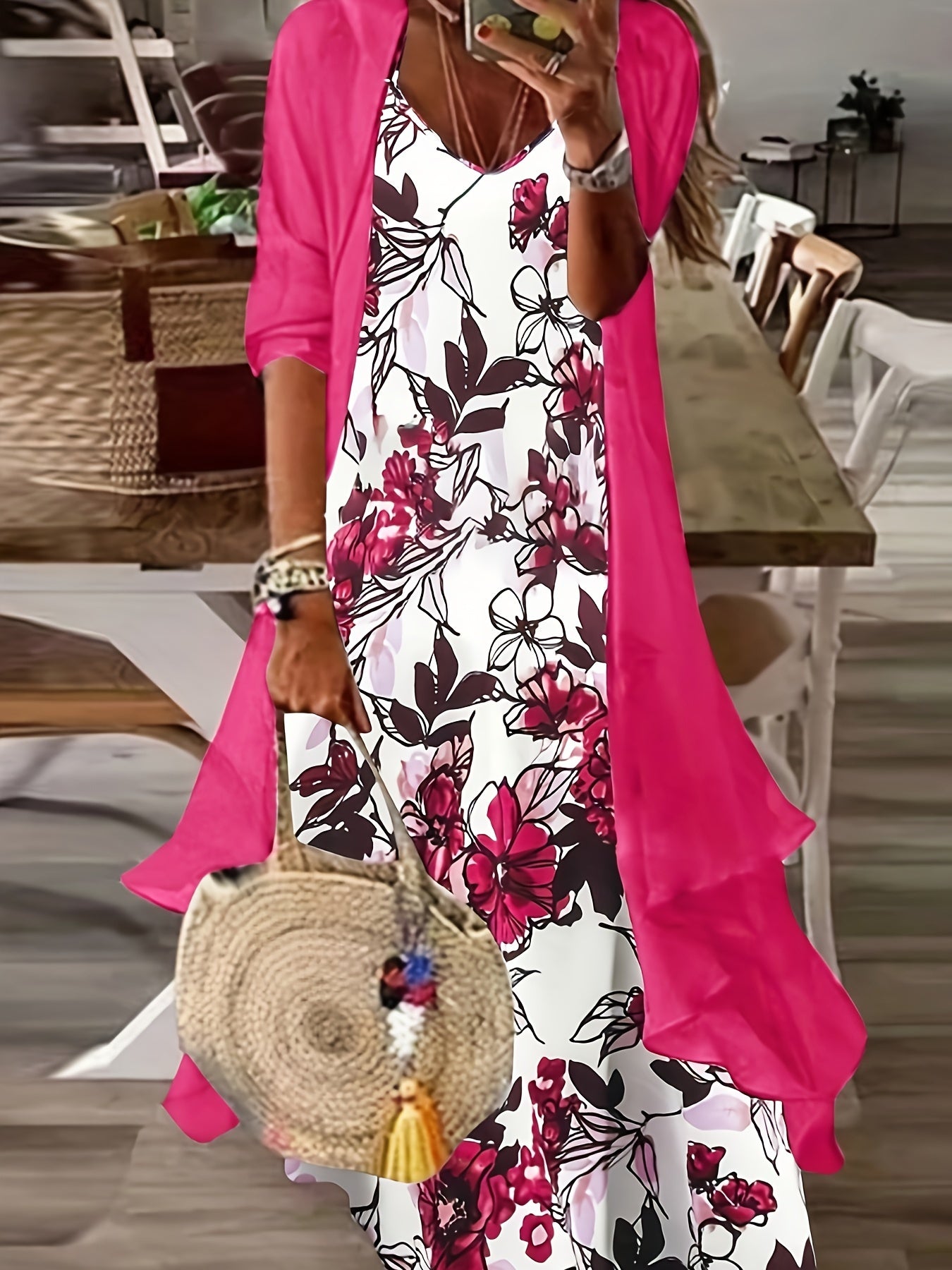 Plus Size Floral Print Two-Piece Dress Set - Chic Crew Neck Cami Dress & 3/4 Sleeve Open Front Kimono Outfits - Women's Plus Size Clothing for Summer, Vacation, and Daily Wear