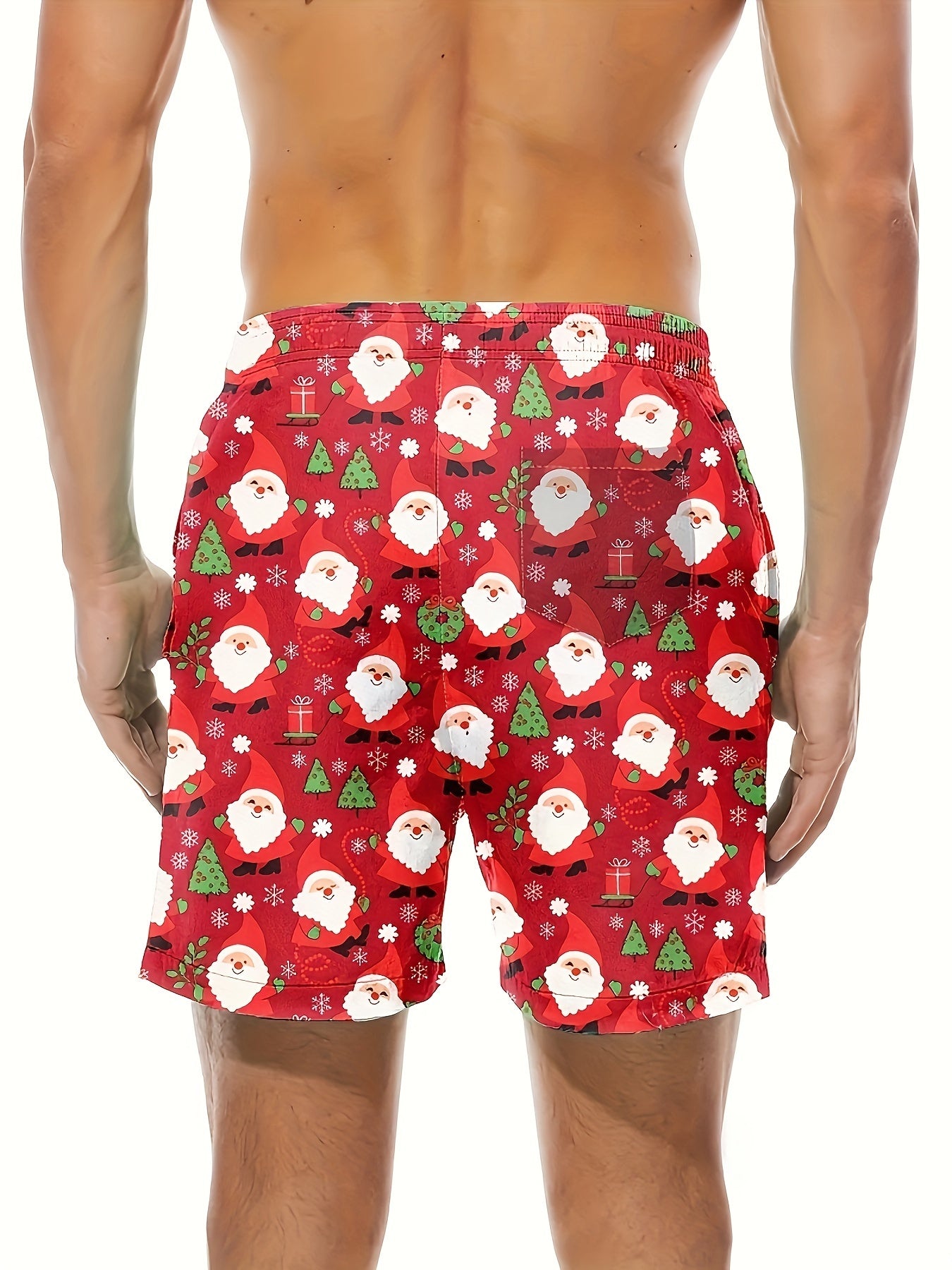 Men's Christmas Themed Santa And Tree Print Board Shorts With Drawstring, Casual Versatile Shorts For Summer Novelty Leisurewear