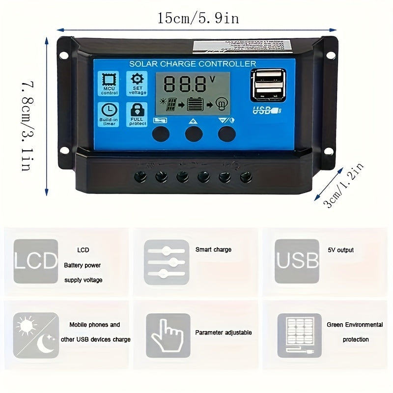 Solar Charge Controller 10A/20A/30A, Dual USB PWM Regulator for 12V/24V PV System, LCD Display, Hard Wiring Room Electrical, No Battery, Multiple Protections