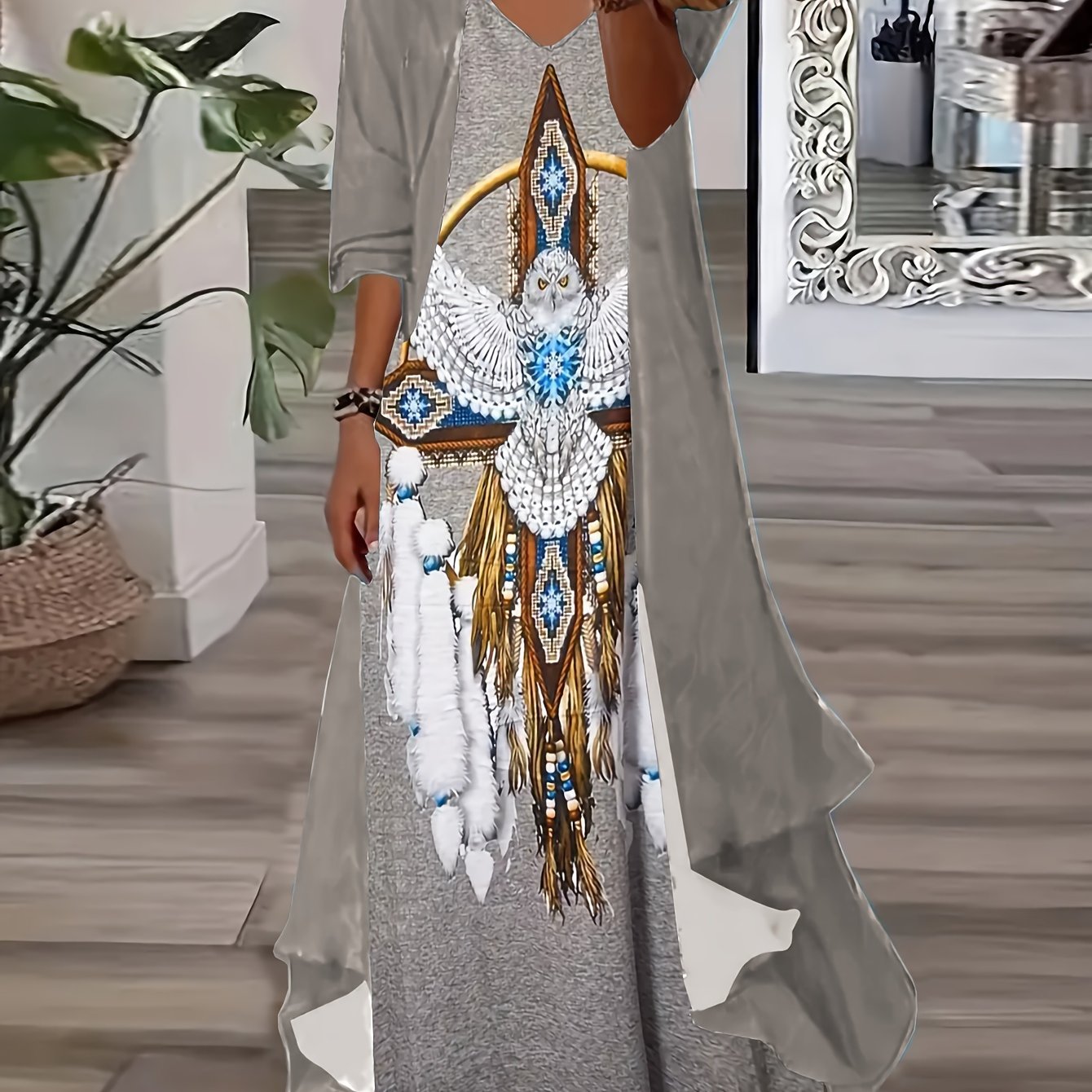 Plus Size V Neck Cami Dress with Half Sleeve Kimono - Eye-Catching Abstract Print - Flowy & Flattering for Casual or Elegant Occasions, Women's Curvy Fashion Sets