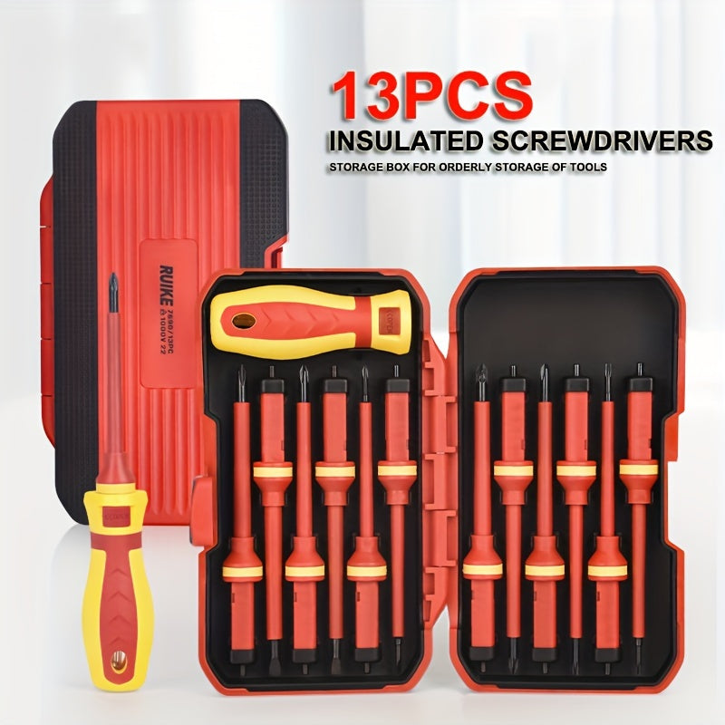 13pcs Magnetic Screwdriver Set with Quick-Release Insulated Handle - 1000V, Chrome Vanadium Steel, Phillips & Slotted Bits for Electricians and DIY Repairs