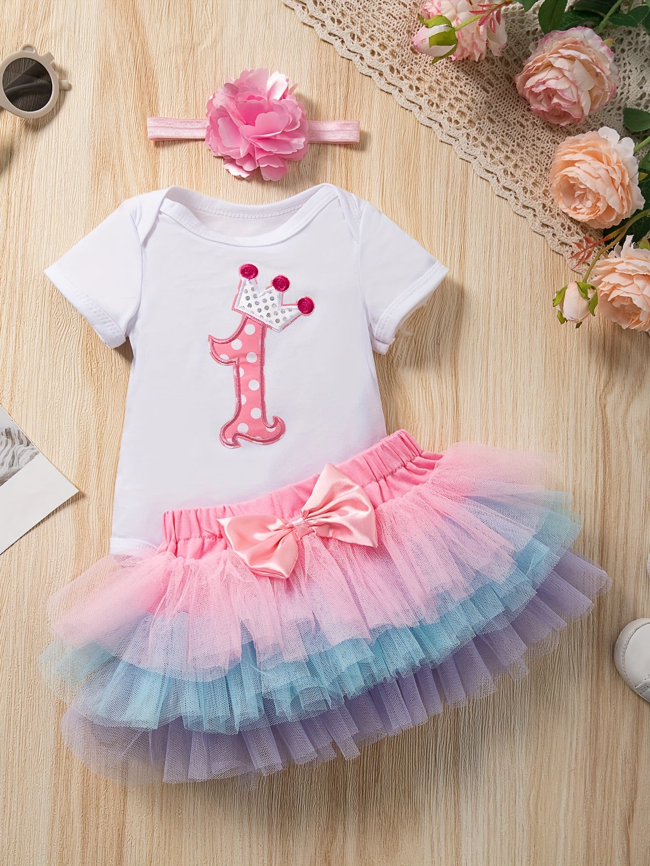 2-Piece Toddler Girl's Birthday Outfit Set - Embroidered Number 1 & Crown, Colorful Layered Tutu Skirt, Soft T-Shirt, and Flower Headband - Perfect for Daily Wear, Holiday, and Party Celebrations