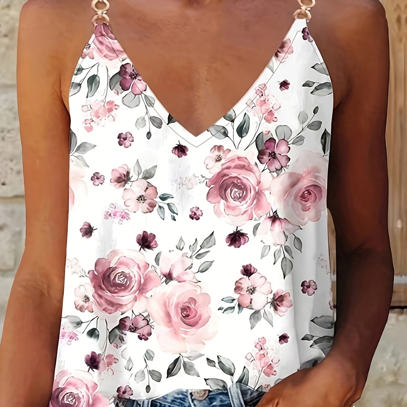 Plus Size Floral Print Cami Top, V Neck Sleeveless Top For Summer, Women's Plus Size Clothing