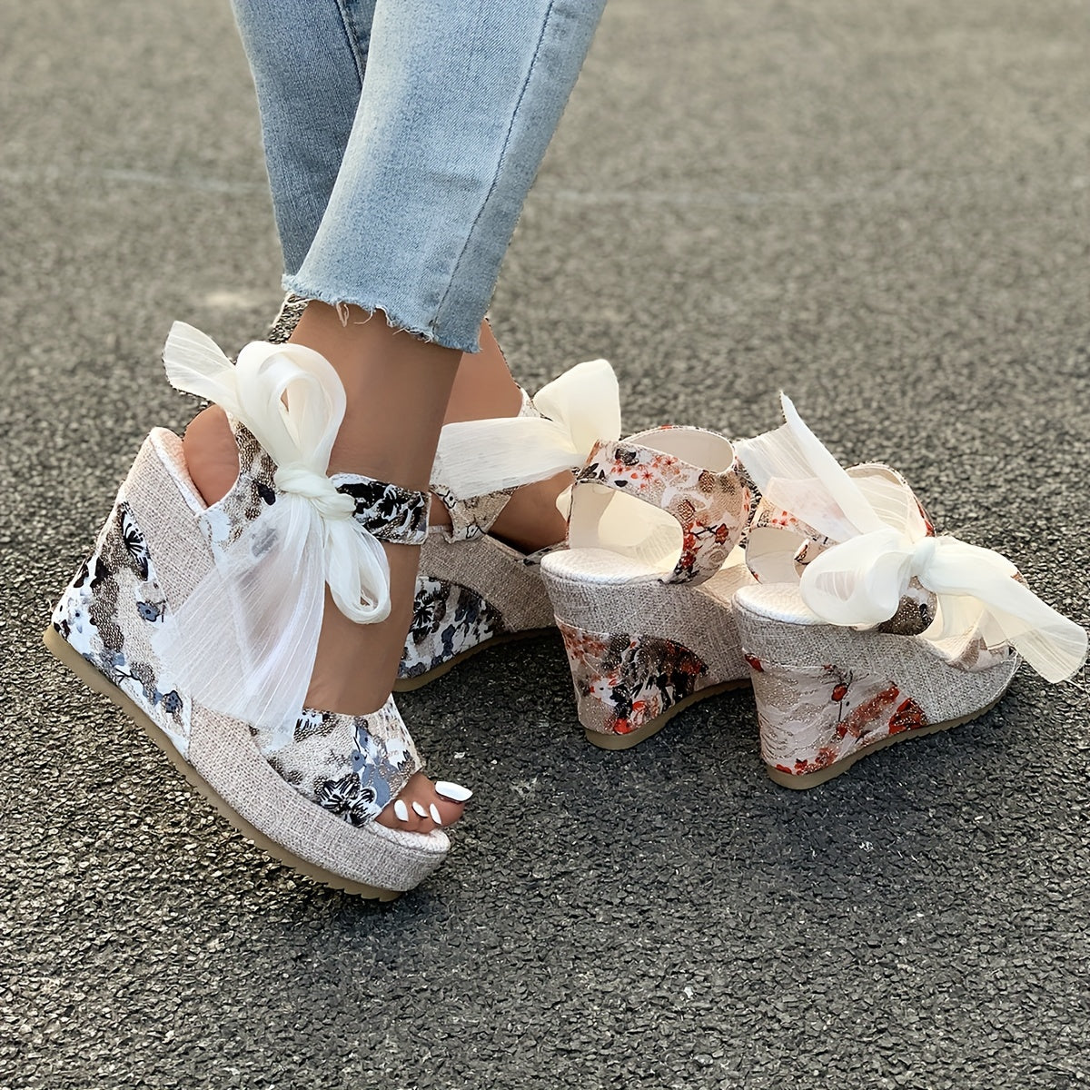 Vibrant Floral Print Wedge Sandals - Chic Peep-Toe Design, Adjustable Bow Ankle Strap with Slingback Closure, Sturdy Platform Heel - Perfect for Womens Casual Outings, Versatile and Easy to Match with Various Outfits, Ideal for Outdoor Events or Social G