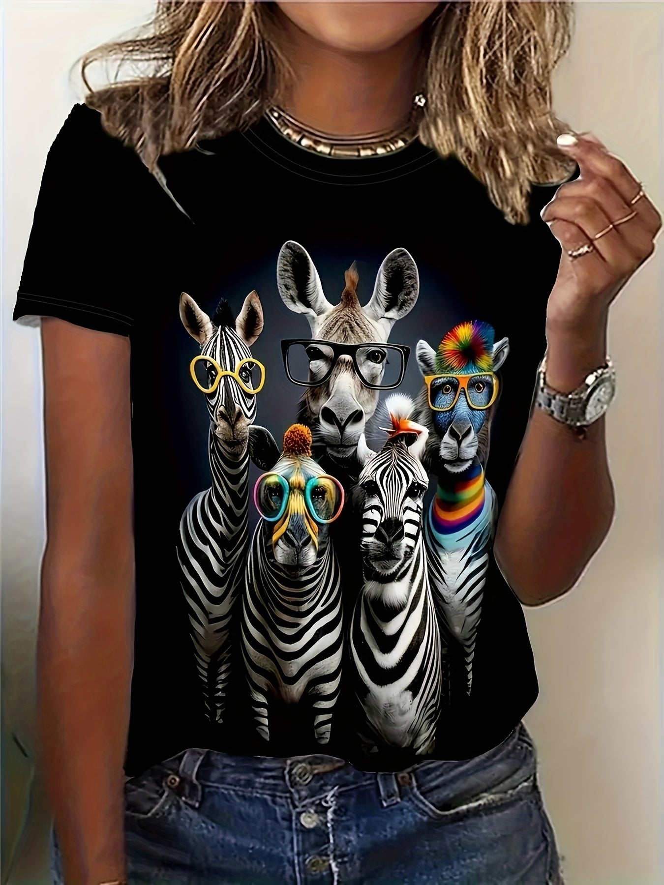 Women's Lightweight Cotton Blend T-Shirt with Animal Print - Casual Crew Neck, Short Sleeve Top for Spring/Summer