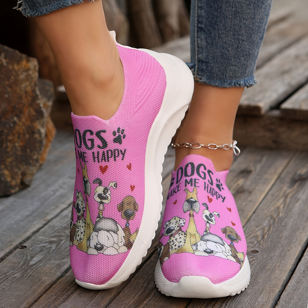 Womens Lightweight Dog Print Sock Sneakers - Breathable Walking Trainers with Soft Slip-On Design - Comfy, Flexible & Fashionable Outdoor Shoes for All-Day Comfort - Adorable Low Top Canine Prints