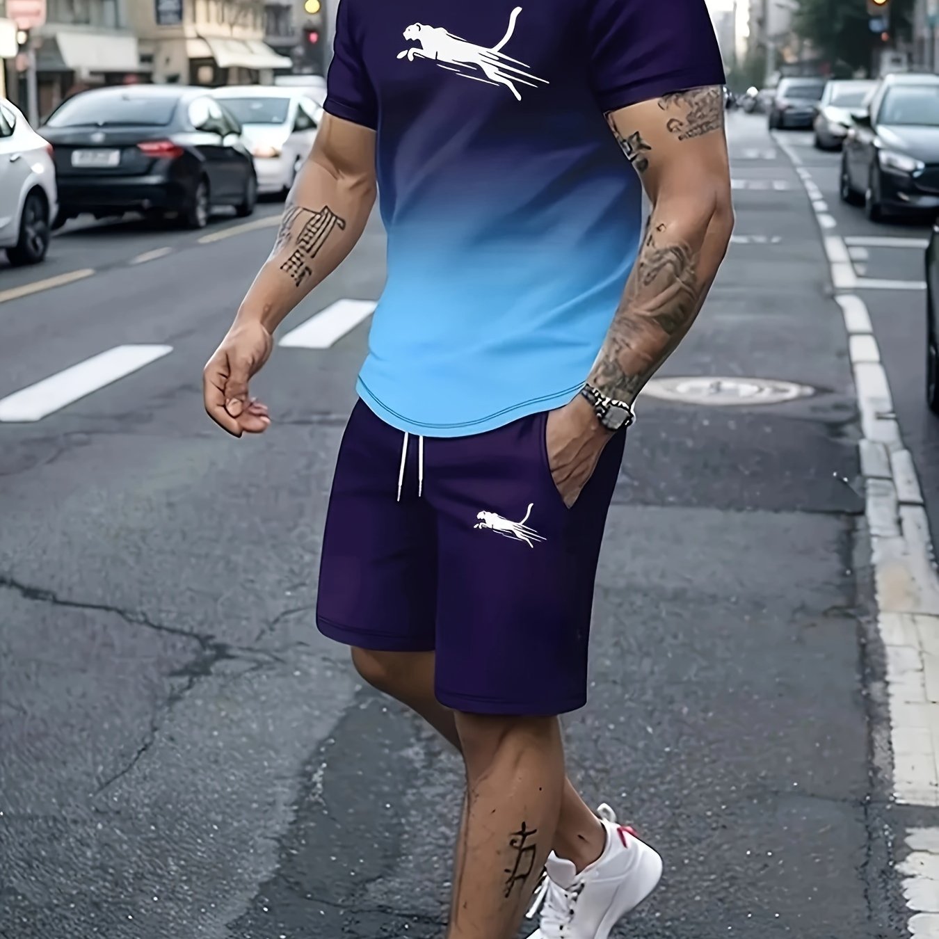 Men's Casual 2pcs Set: Colorful Gradient Print T-Shirt & Drawstring Shorts - Perfect for Summer Vacations, Machine Washable