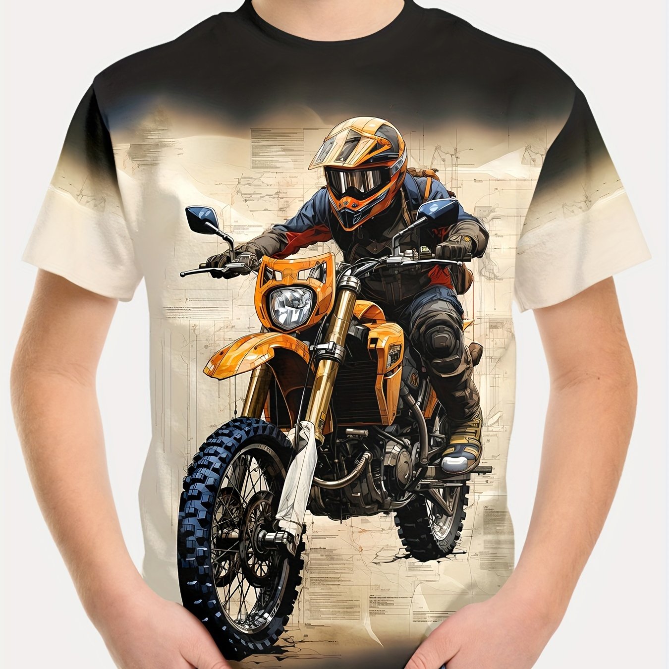 Youth Motocross 3D Printed Tee - Casual Crew Neck Polyester Shirt with Slight Stretch, Summer Motorbike Graphic Top for Under 12