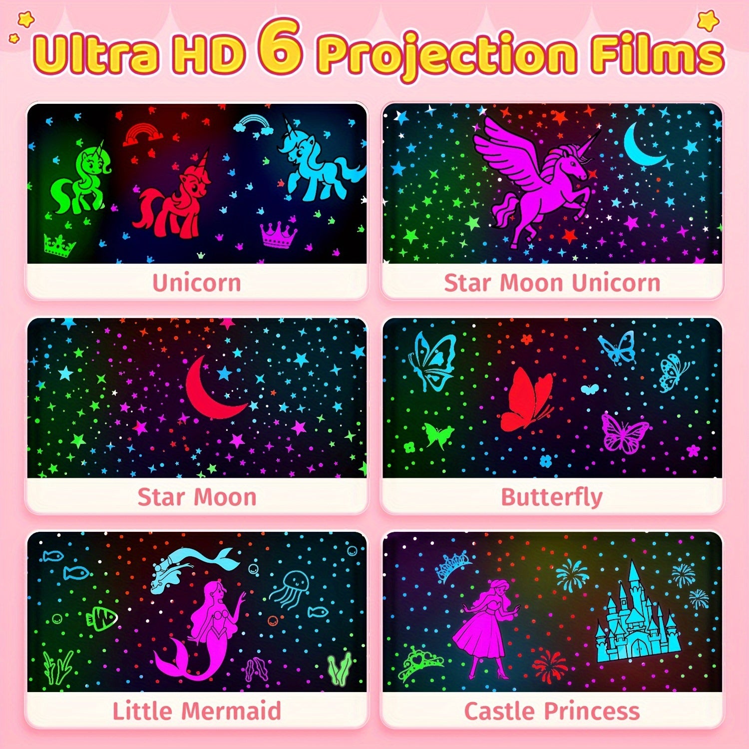 Mystical Unicorn Night Light Projector - 90 Vibrant Light Modes, 360° Silent Rotation, Rechargeable 2400mAh Battery, Dimmable Lamp with Timer & Infrared Sensor, 6 HD Projection Films, USB Charging, Portable Pink Bedroom Star Ceiling Projector with Auto-O