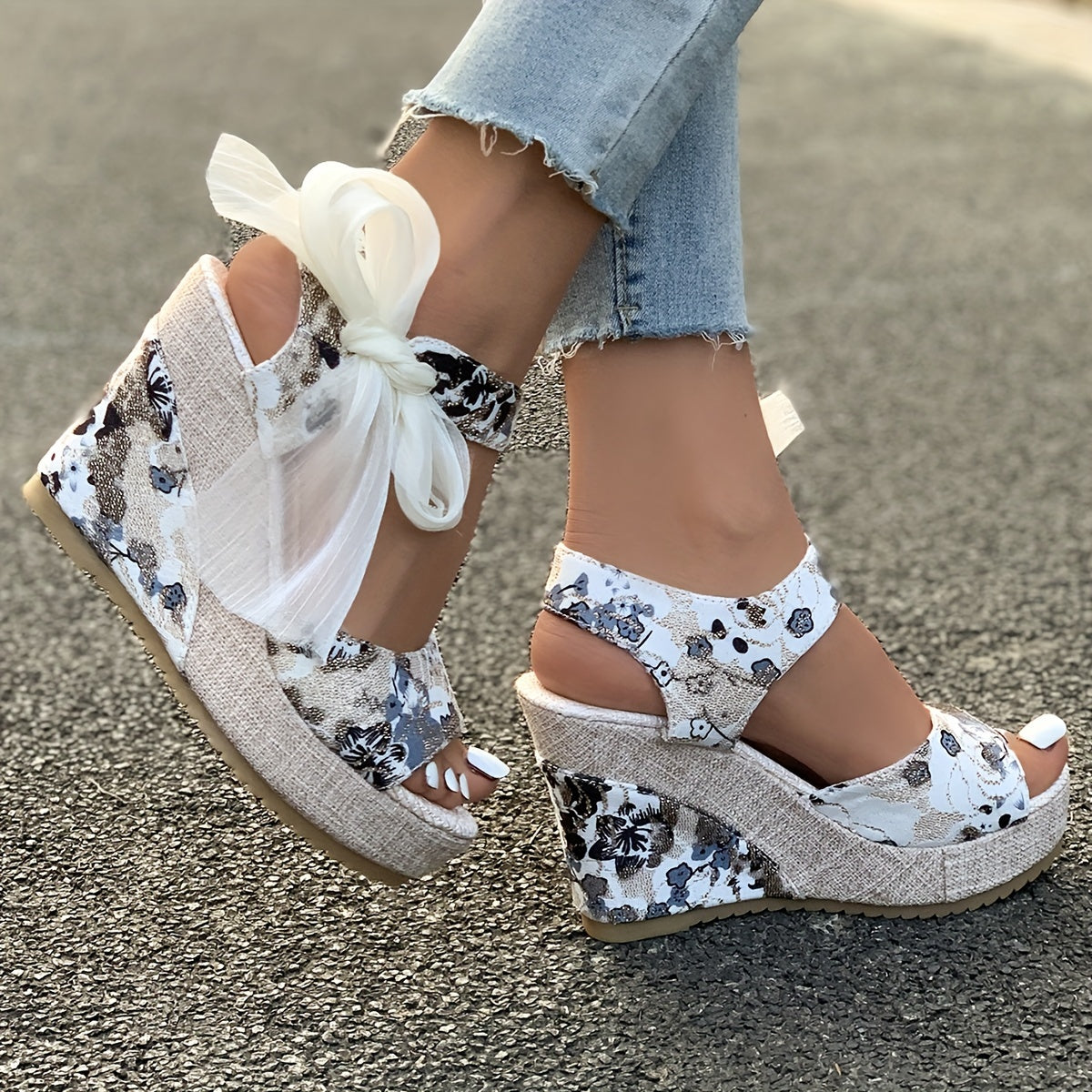 Vibrant Floral Print Wedge Sandals - Chic Peep-Toe Design, Adjustable Bow Ankle Strap with Slingback Closure, Sturdy Platform Heel - Perfect for Womens Casual Outings, Versatile and Easy to Match with Various Outfits, Ideal for Outdoor Events or Social G