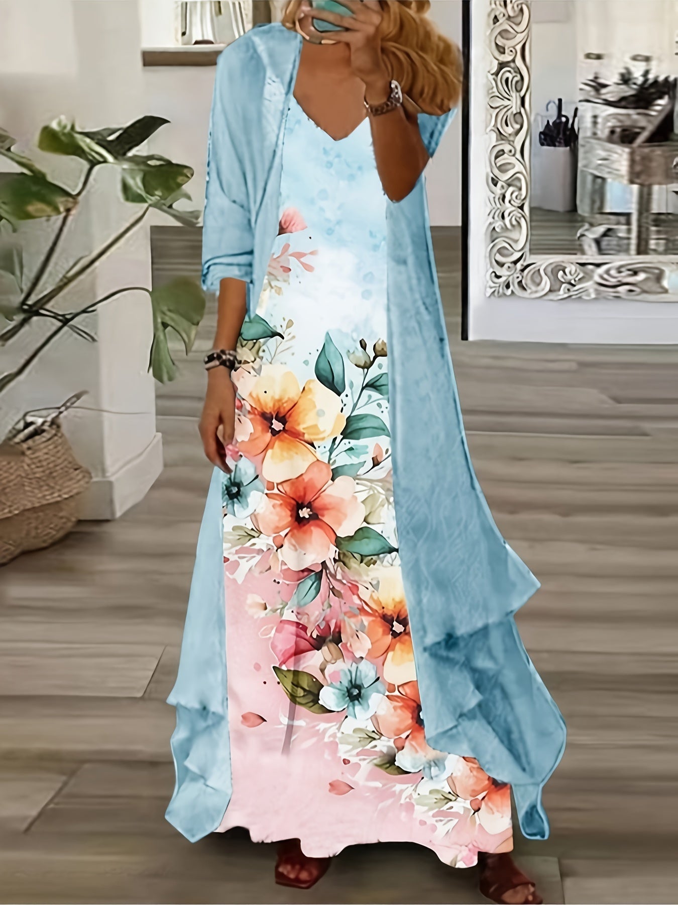 Plus Size V Neck Cami Dress with Half Sleeve Kimono - Eye-Catching Abstract Print - Flowy & Flattering for Casual or Elegant Occasions, Women's Curvy Fashion Sets