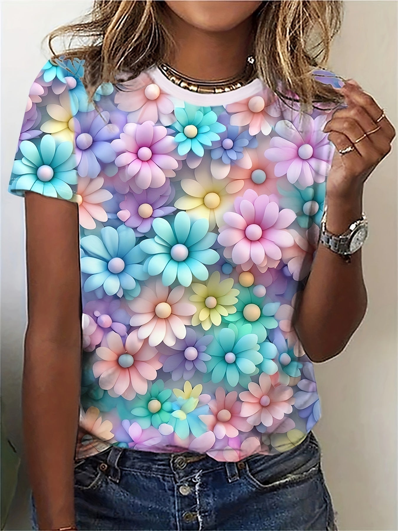 Floral Print Crew Neck T-Shirt, Casual Short Sleeve T-Shirt For Spring & Summer, Women's Clothing