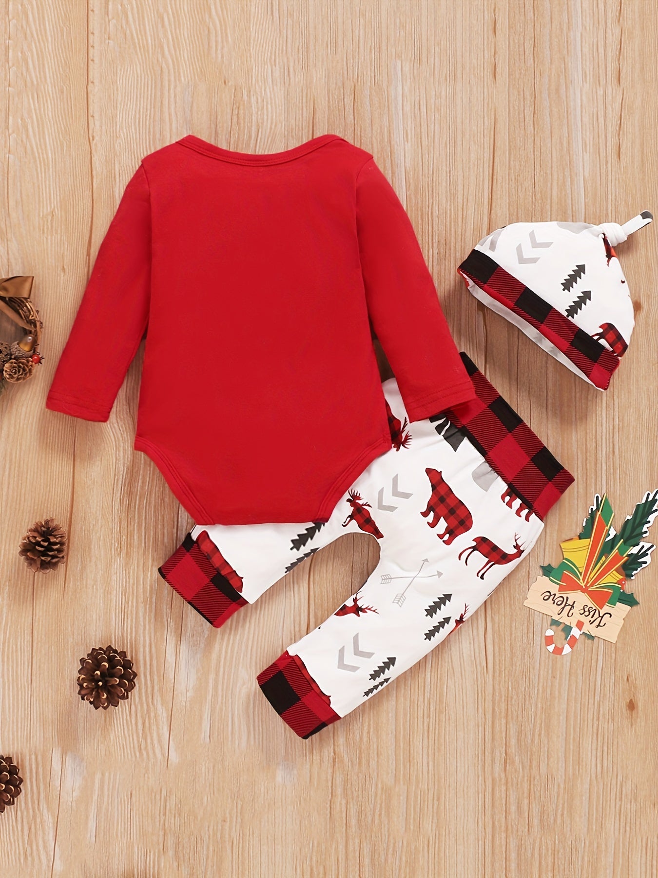 Baby Boy's Cute Christmas Outfit, Letter Print Infant Romper & Elk Cartoon Graphic Pants & Hat Set