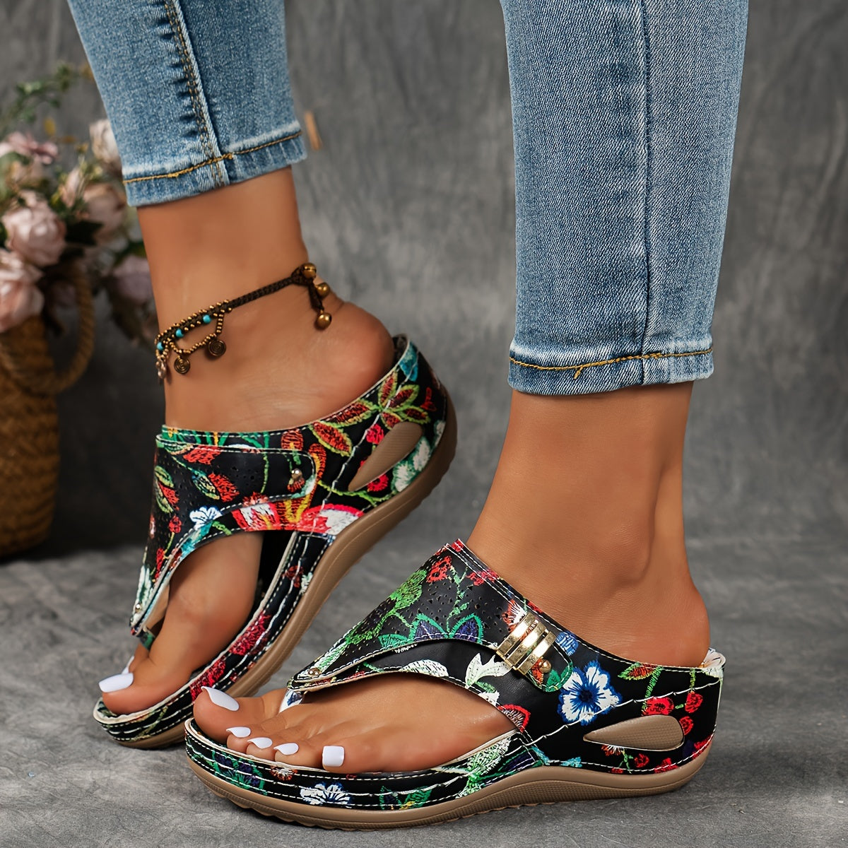 Chic Floral Wedge Heeled Sandals - Comfortable Slip-On Platform Shoes with Soft Insoles, Adjustable Ankle Straps, and Breathable Upper - Perfect for Casual Outings, Summer Vacations, and Everyday Wear