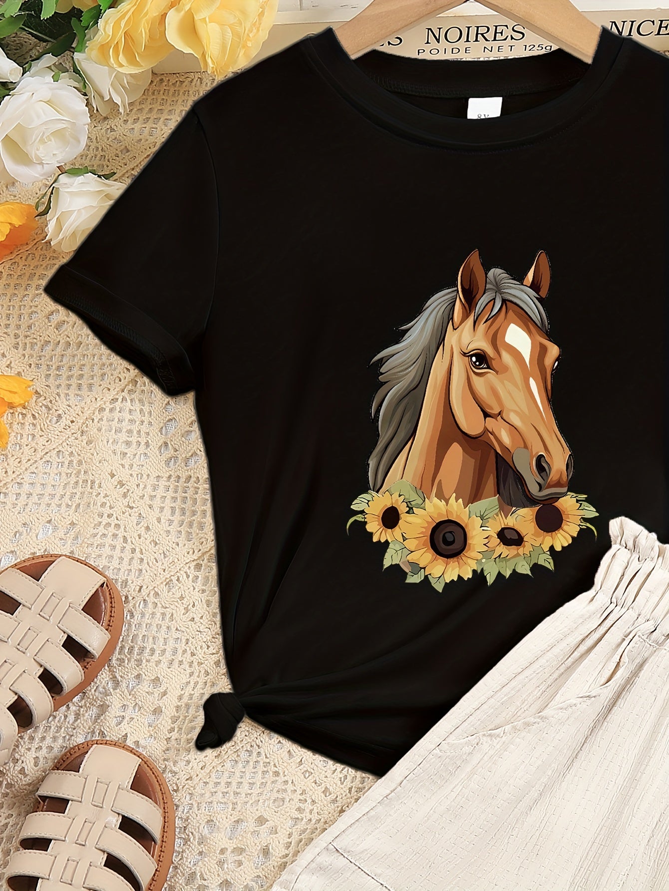 Pretty Horse And Sunflowers Graphic Print, Girl's 2pcs Casual Comfortable Versatile Short Sleeve Crew Neck T-shirt & Elastic Waistband Shorts Set, Comfy Summer Clothes