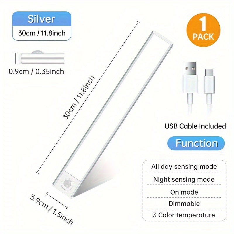 1pc Sleek Motion Sensor LED Cabinet Light - Wireless, Rechargeable with Magnetic Easy-Install, Adjustable Brightness, Waterproof IP20 - Ideal for Kitchen, Bedroom, Hallway & Staircase, Available in 19.81cm, 29.97cm, 15.7