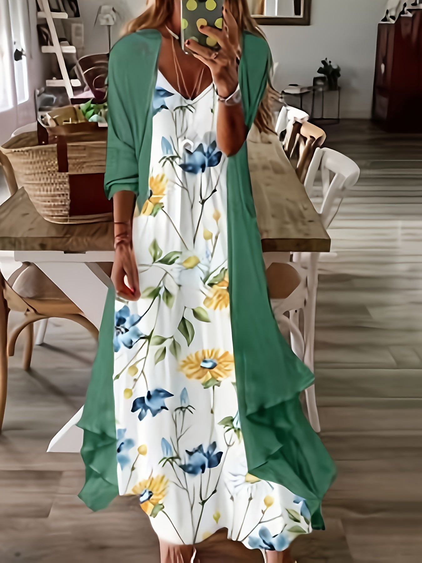 Plus Size Floral Print Two-Piece Dress Set - Chic Crew Neck Cami Dress & 3/4 Sleeve Open Front Kimono Outfits - Women's Plus Size Clothing for Summer, Vacation, and Daily Wear