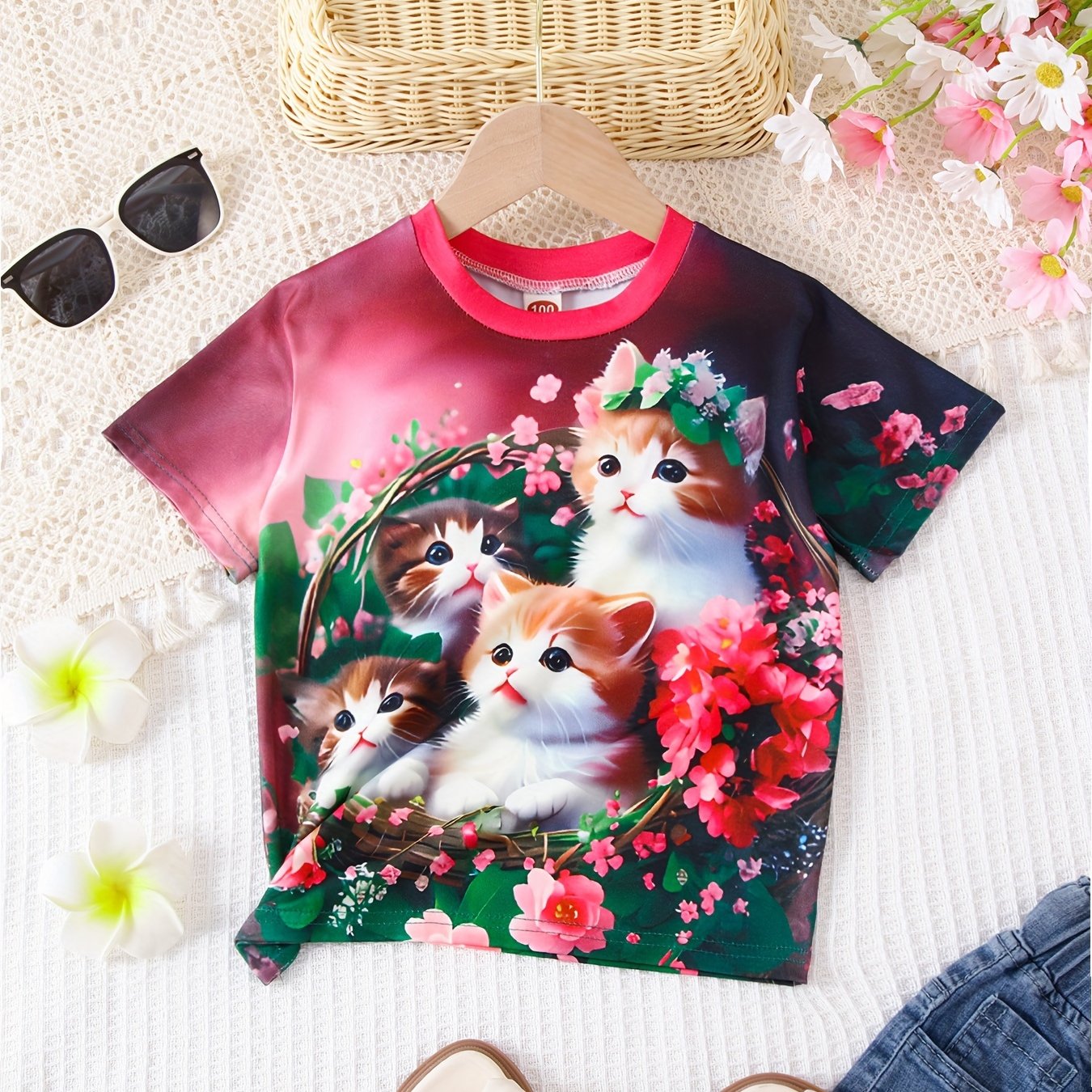 Cute 3D Kitties & Flower Print Short Sleeve T-shirt, Versatile Tees Summer Clothes