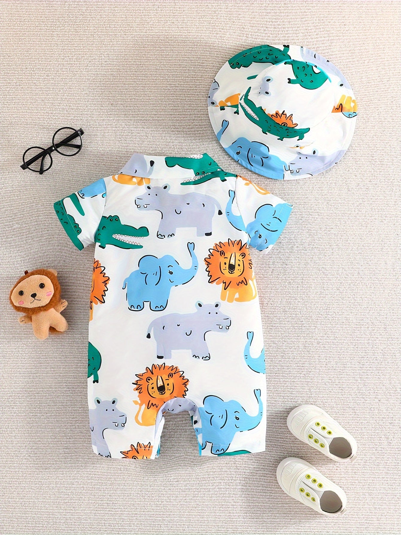 Baby Boy's Trendy Comfy Lion Graphic Print Short Sleeves Lapel Shirt & Hat Co Ord Set For Summer Outdoors, As Gifts