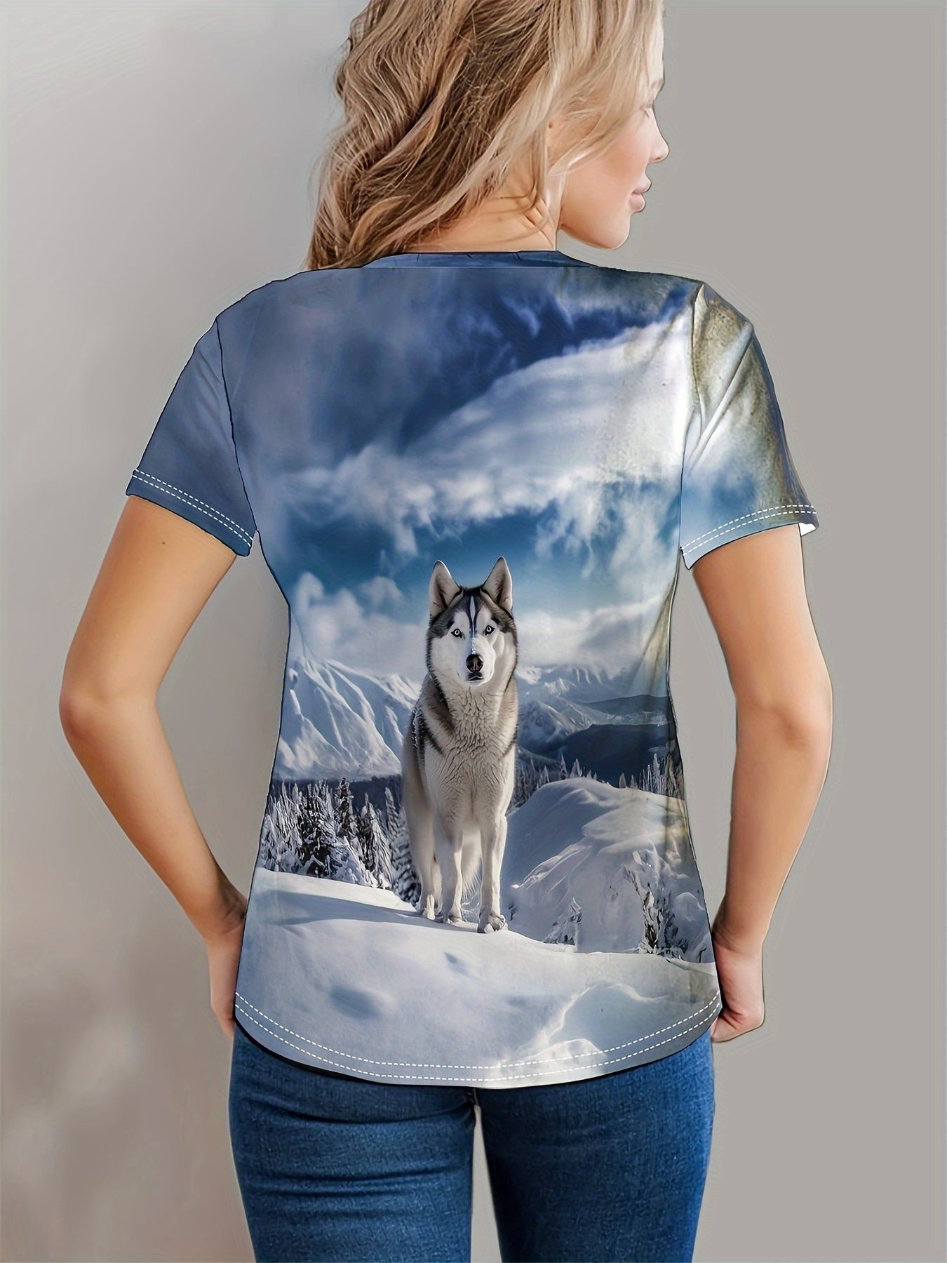 Dog Print Crew Neck T-Shirt, Casual Short Sleeve Top for Spring & Summer, Women's Clothing