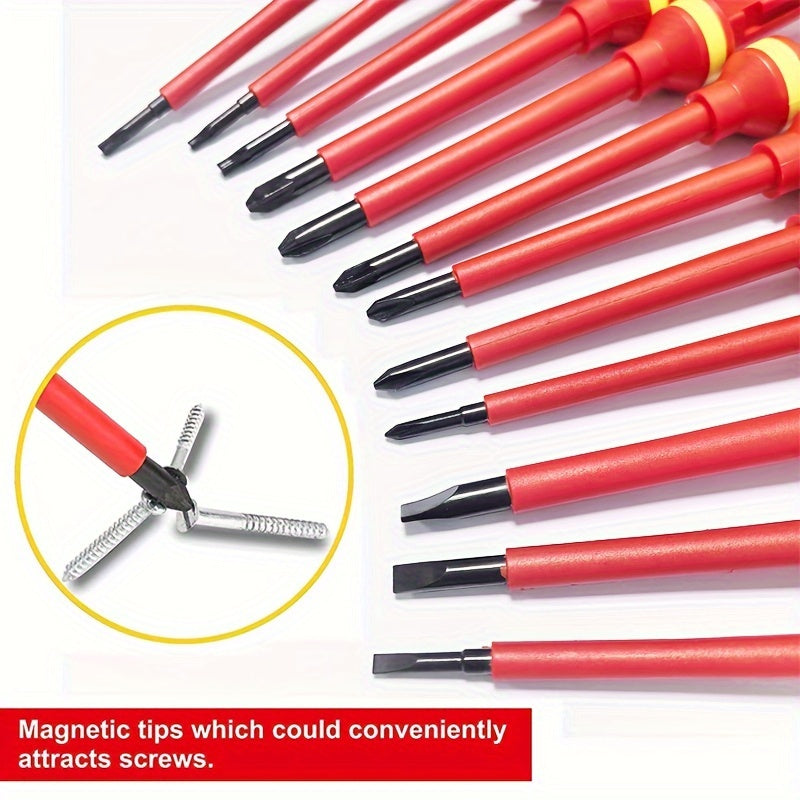 13pcs Magnetic Screwdriver Set with Quick-Release Insulated Handle - 1000V, Chrome Vanadium Steel, Phillips & Slotted Bits for Electricians and DIY Repairs