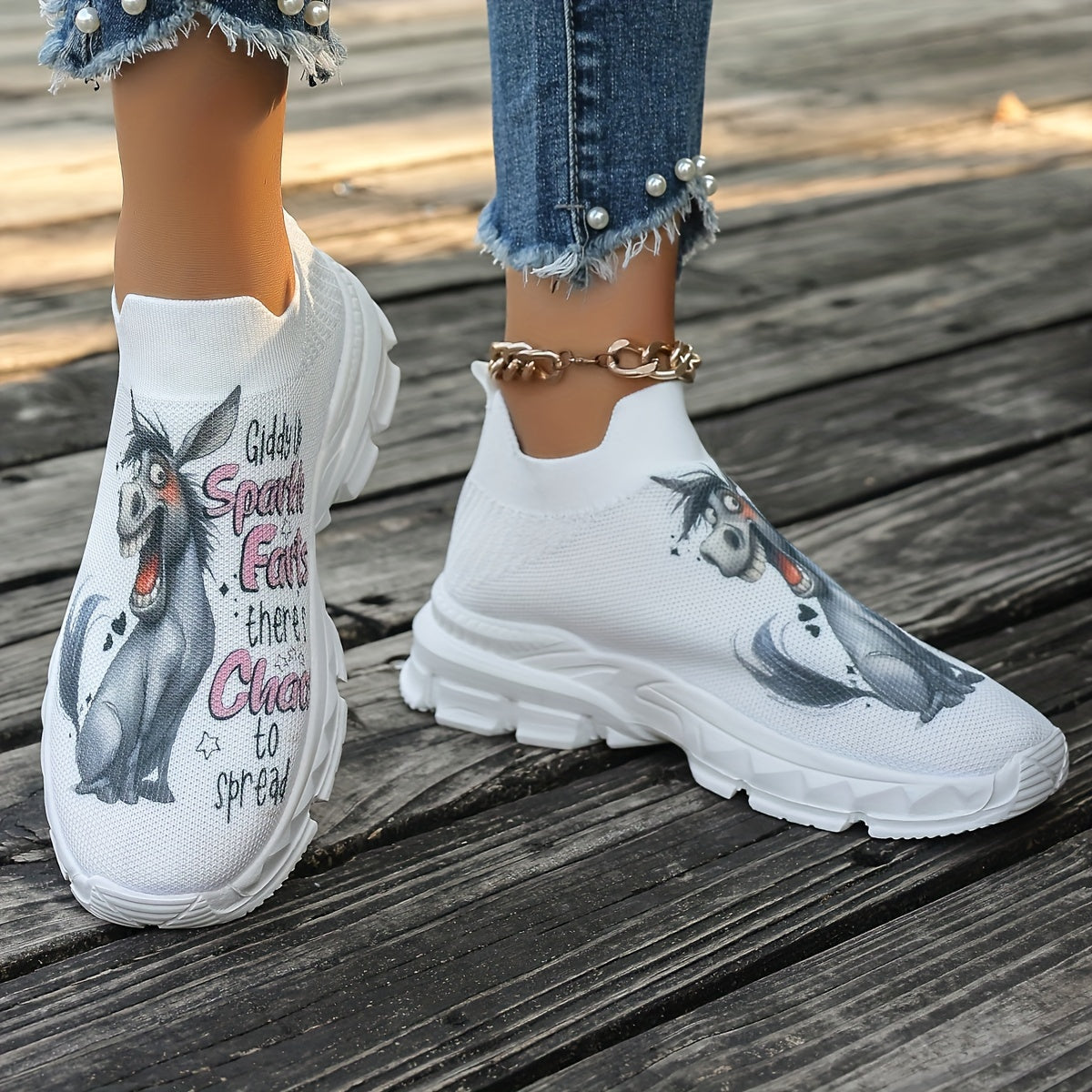 Giddy Up Sparkle Eats: Chow Down to Spread - Women's Casual Slip-On Sneakers with Cartoon Donkey Print