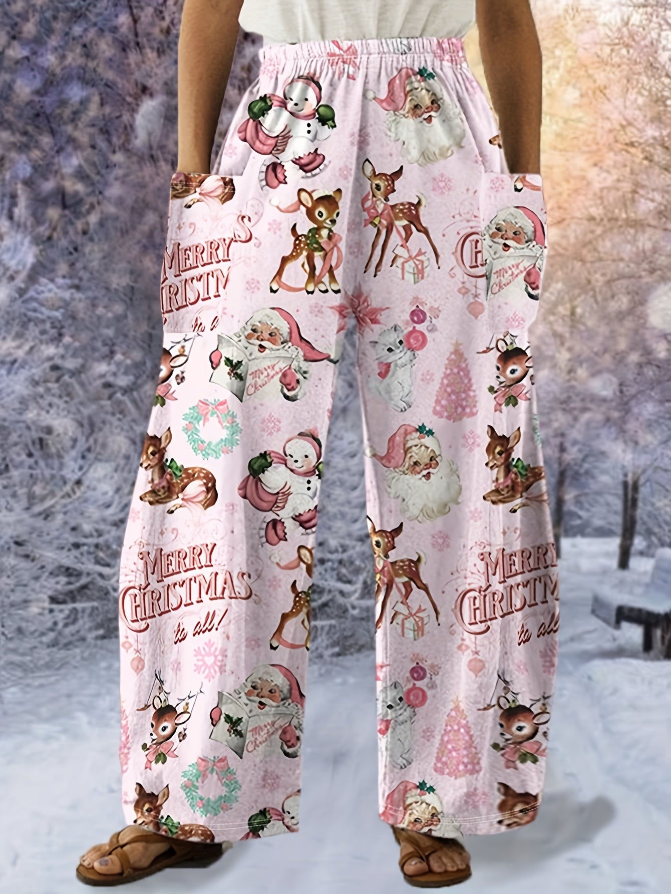 Women's Cozy Christmas Animal Print Casual Pants - Elastic Waist, Loose Fit with Pockets, Perfect for Fall/Winter