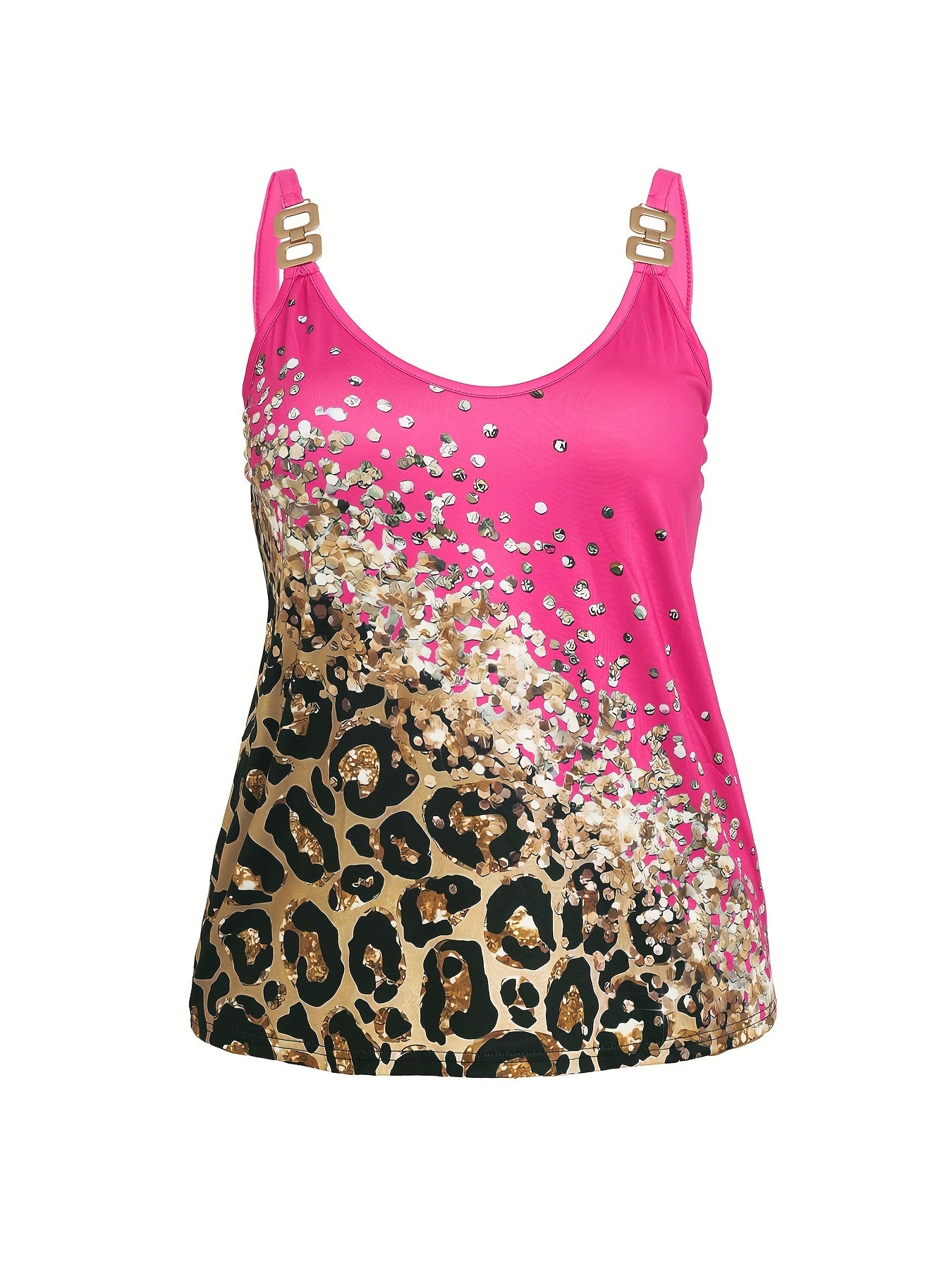 Plus Size Abstract Print Chain Detail Cami Top, Casual Crew Neck Sleeveless Top For Summer, Women's Plus Size Clothing