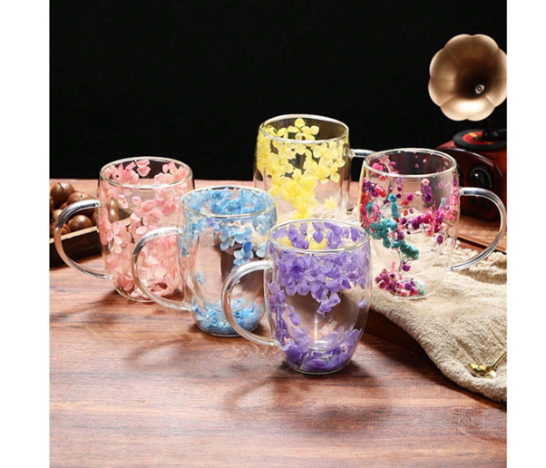 1pc Popular Style Petal And Liquid Sand Double-Layer Glass Cup With Real Flowers And High Borosilicate Glass For Coffee Creative Design