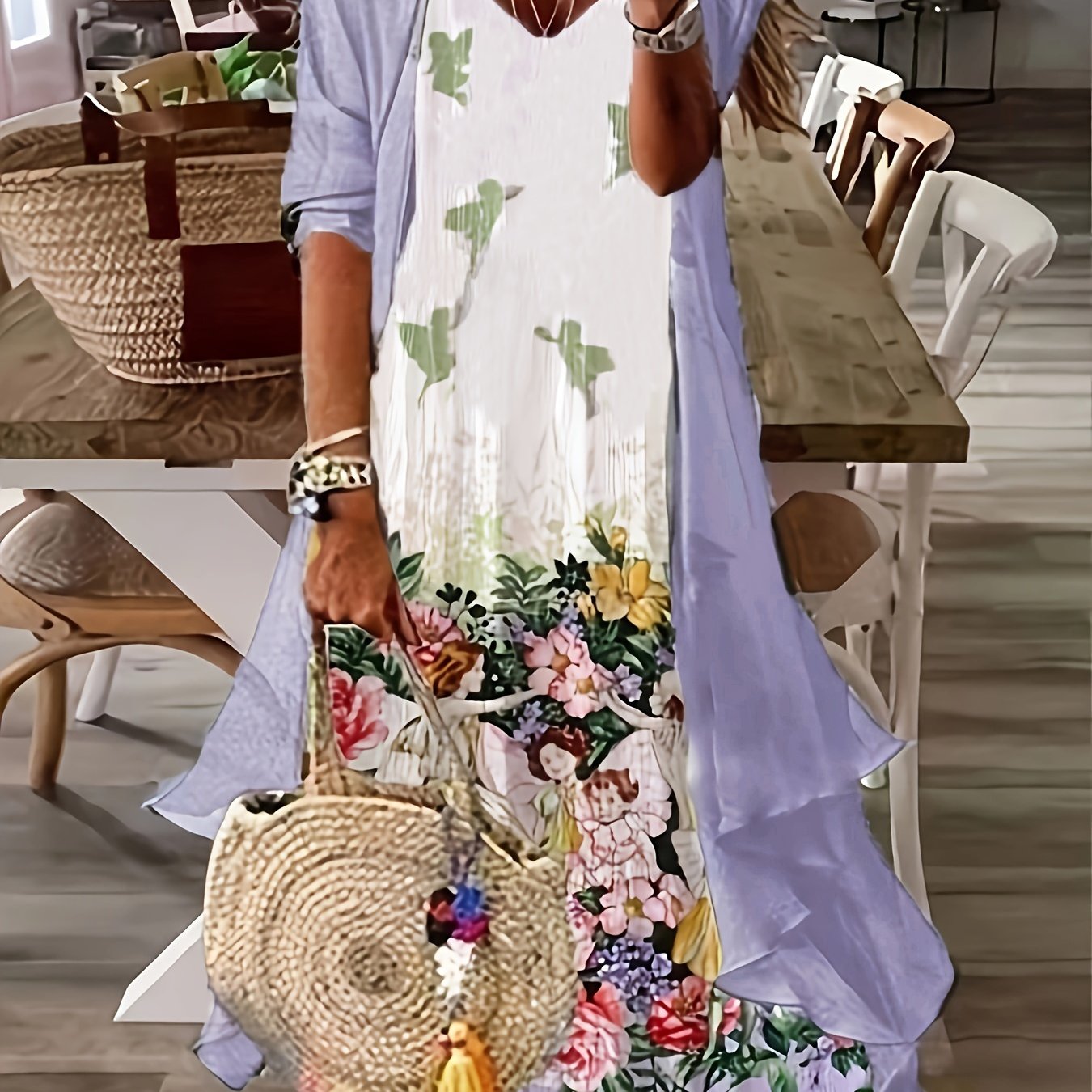 Plus Size V Neck Cami Dress with Half Sleeve Kimono - Eye-Catching Abstract Print - Flowy & Flattering for Casual or Elegant Occasions, Women's Curvy Fashion Sets