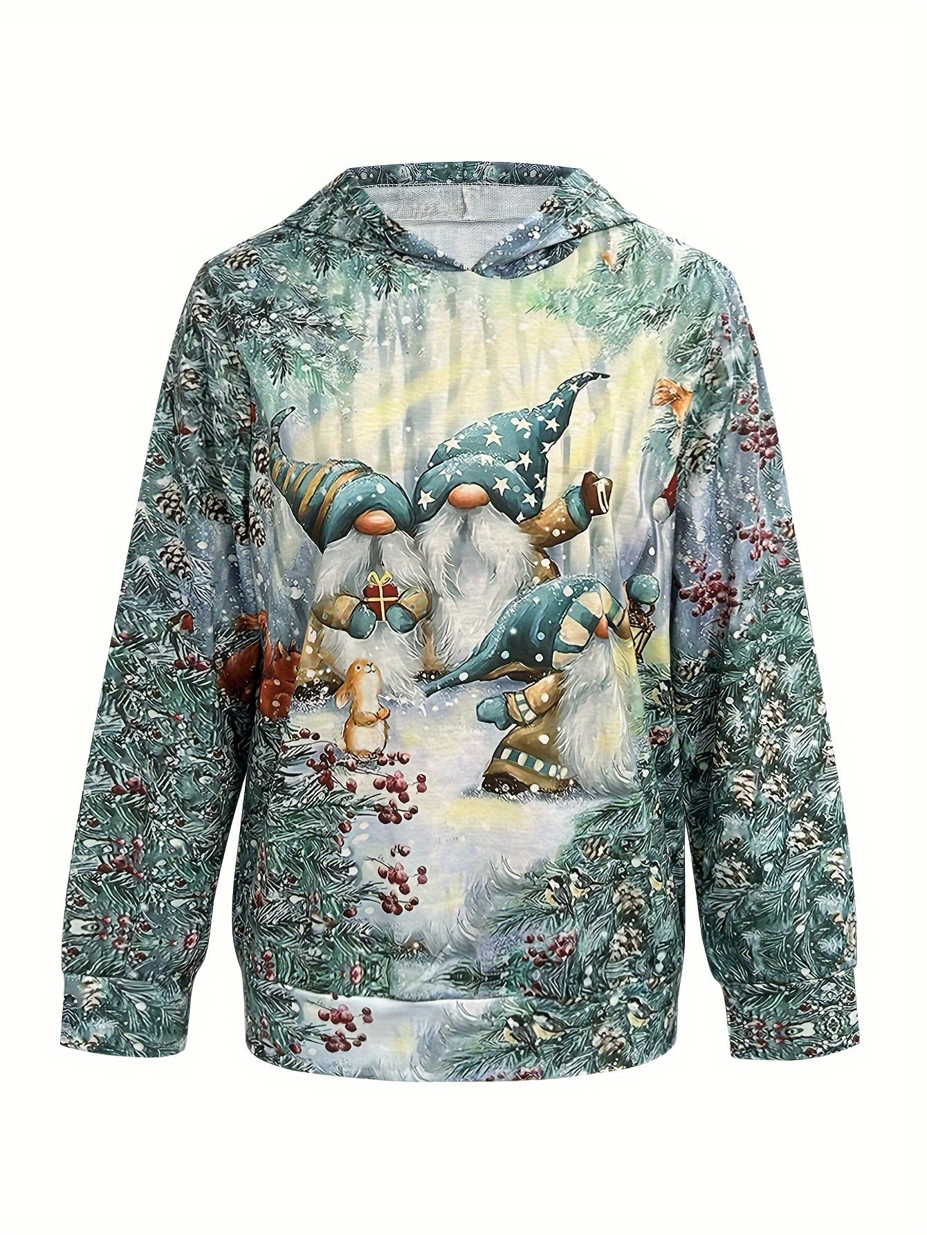 Women's Festive Christmas Hoodie with Cute Santa & Joyful Animal Print - Cozy Polyester Blend, Vintage Style, Machine Washable