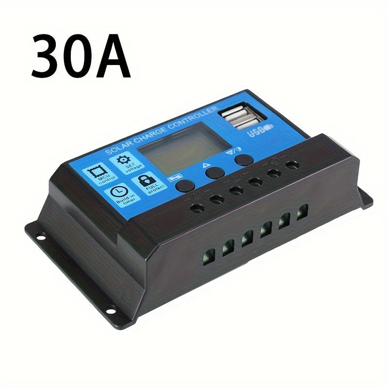 Solar Charge Controller 10A/20A/30A, Dual USB PWM Regulator for 12V/24V PV System, LCD Display, Hard Wiring Room Electrical, No Battery, Multiple Protections