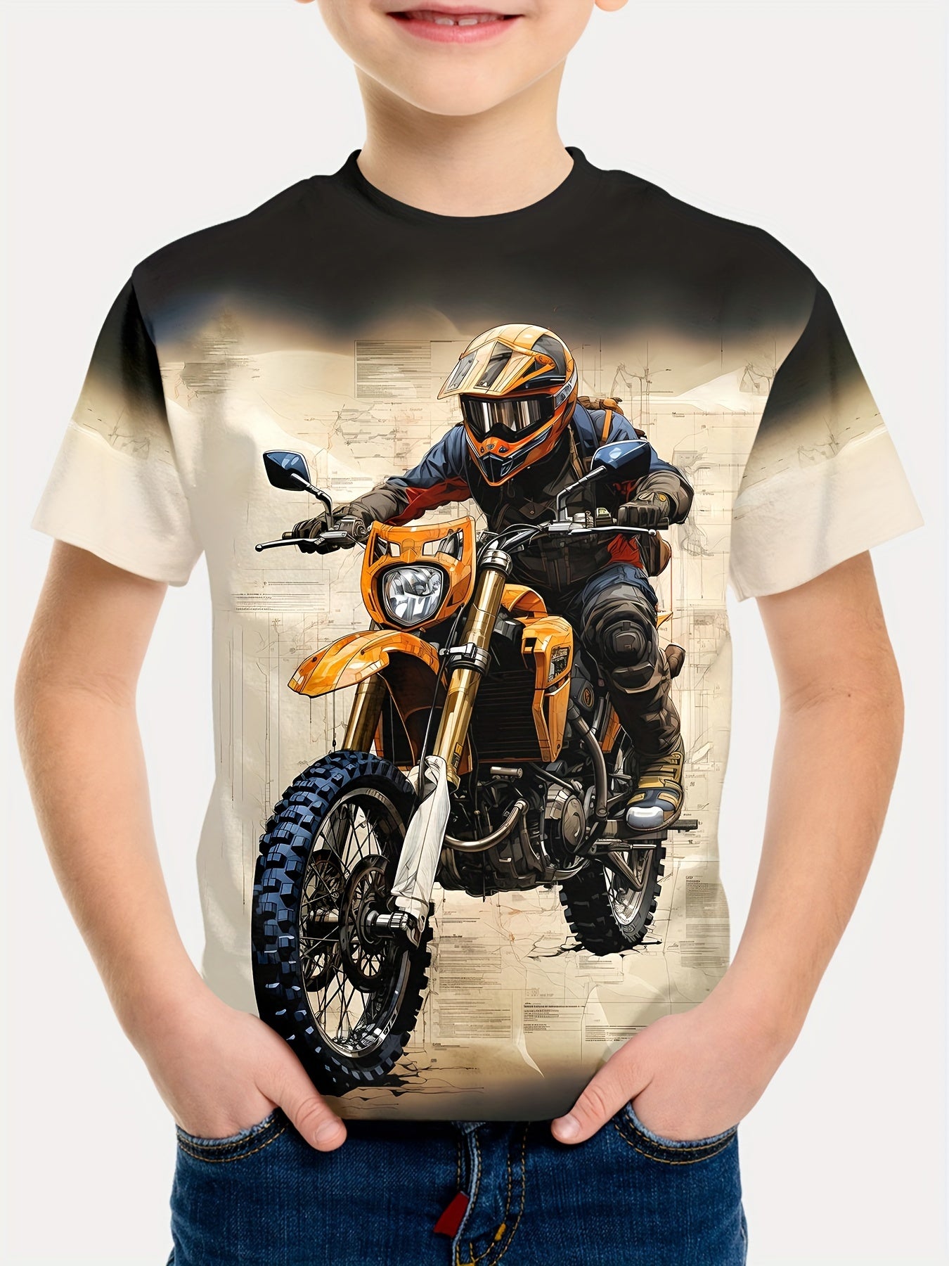 Youth Motocross 3D Printed Tee - Casual Crew Neck Polyester Shirt with Slight Stretch, Summer Motorbike Graphic Top for Under 12