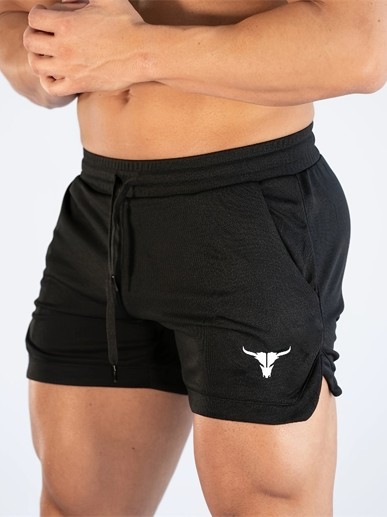 Men's Bull Graphic Print Split Shorts With Pockets, Active Elastic Waist Drawstring Shorts For Summer