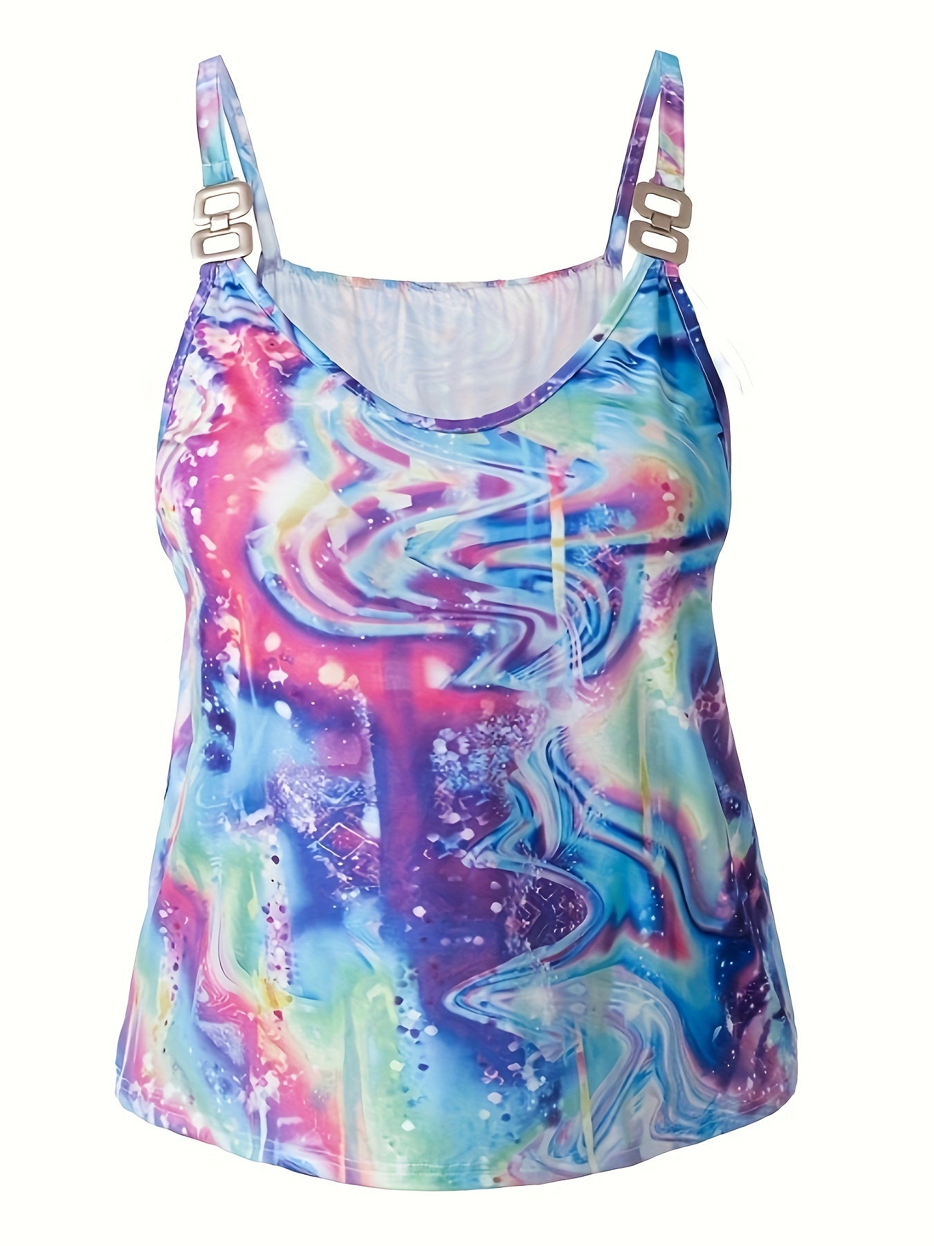 Plus Size Abstract Print Chain Detail Cami Top, Casual Crew Neck Sleeveless Top For Summer, Women's Plus Size Clothing