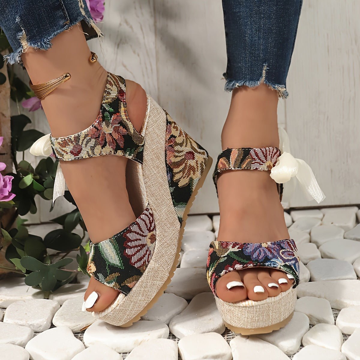 Vibrant Floral Print Wedge Sandals - Chic Peep-Toe Design, Adjustable Bow Ankle Strap with Slingback Closure, Sturdy Platform Heel - Perfect for Womens Casual Outings, Versatile and Easy to Match with Various Outfits, Ideal for Outdoor Events or Social G