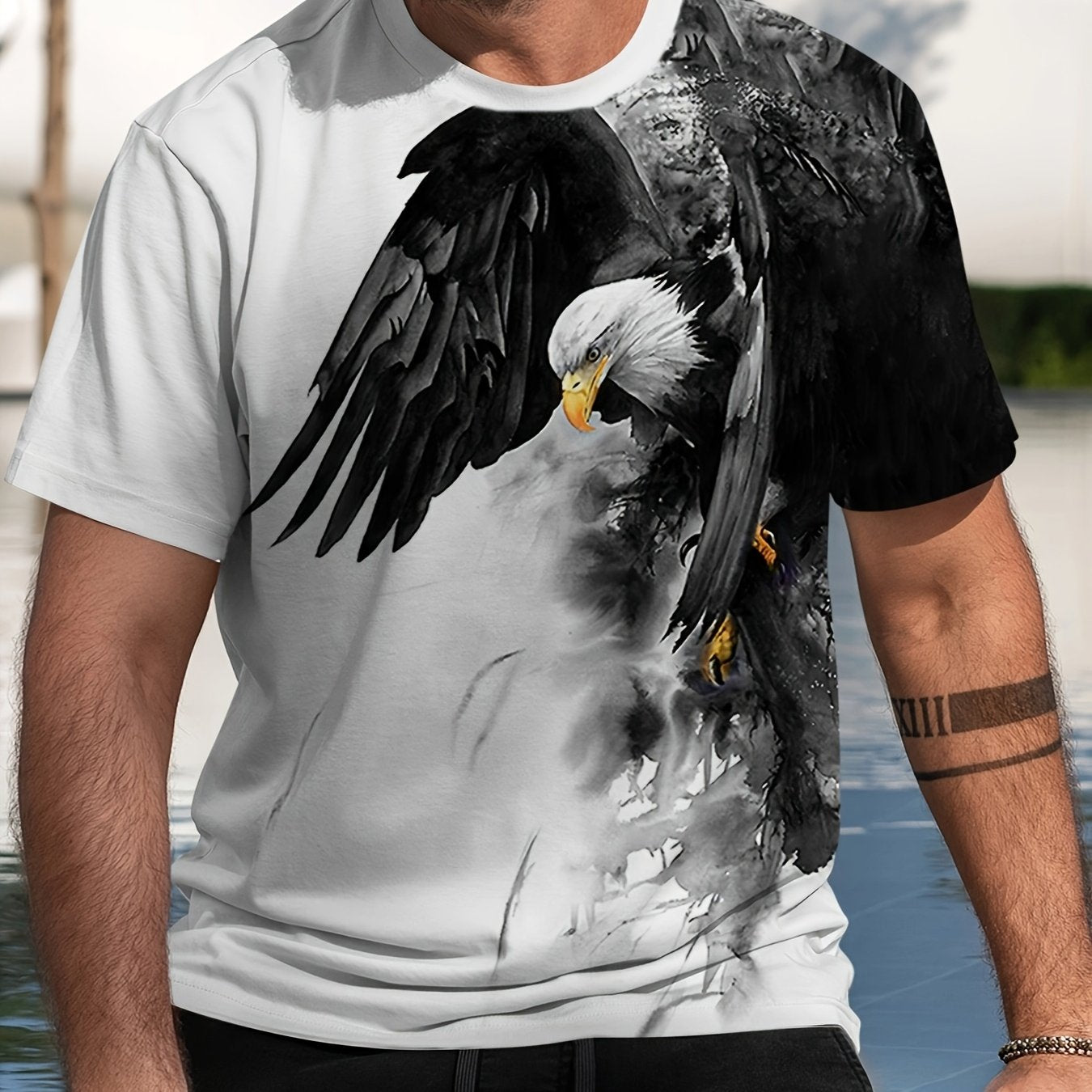 Men's 3D Eagle Print T-Shirt - Casual Round Neck, Short Sleeve, Summer Tee with Drawstring Detail