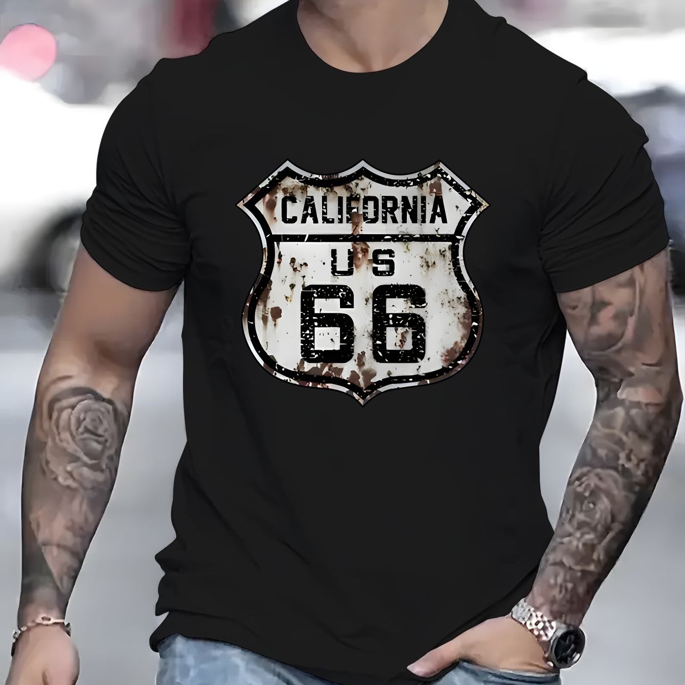 Men's Polyester Blend T-Shirt - Crew Neck, Short Sleeve, Regular Fit, Knit Fabric with California Route 66 Print - Casual Summer Top with Slight Stretch, 180g Fabric Weight