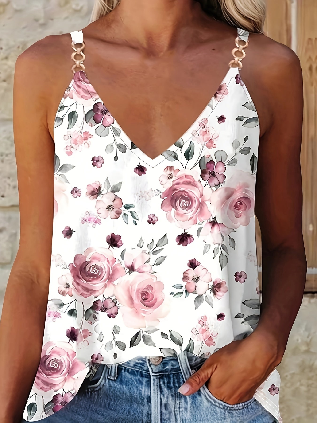 Plus Size Floral Print Cami Top, V Neck Sleeveless Top For Summer, Women's Plus Size Clothing