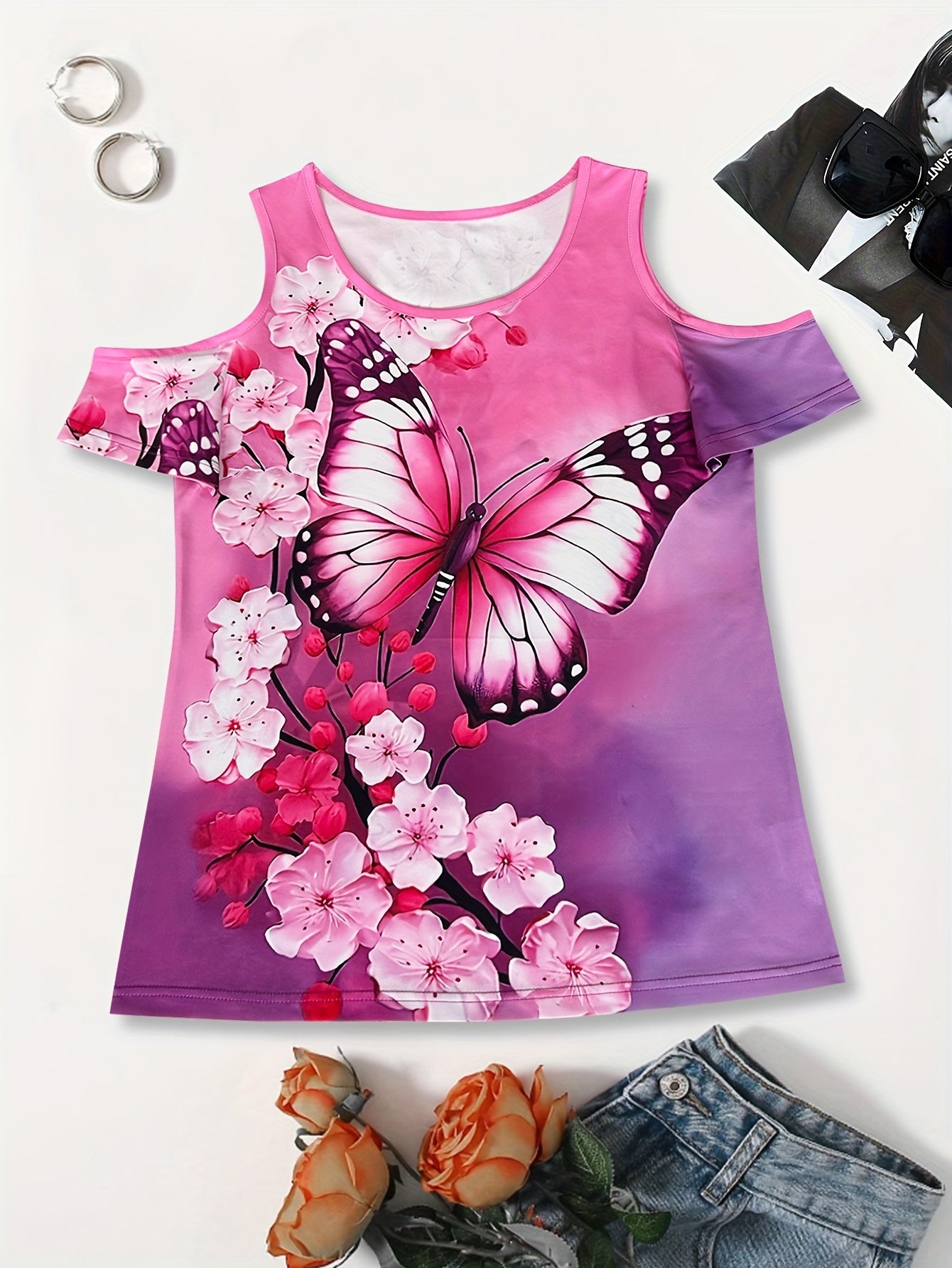 Vibrant Butterfly Print Crew Neck T-Shirt - Women's Elegant Cold Shoulder Short Sleeve Tee for Spring & Summer - Comfortable, Breathable, Relaxed Fit Clothing for Ladies